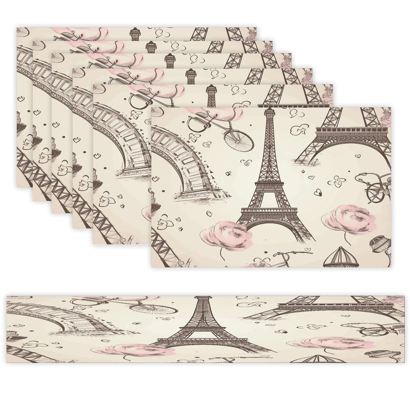 The Eiffel Tower and A Bicycle Table Runner and Placemats of 6 Washable Heat Resistant Place Mats with Table Runner Vintage Holiday Table Mat Set for Holiday Party Kitchen Dining Deco