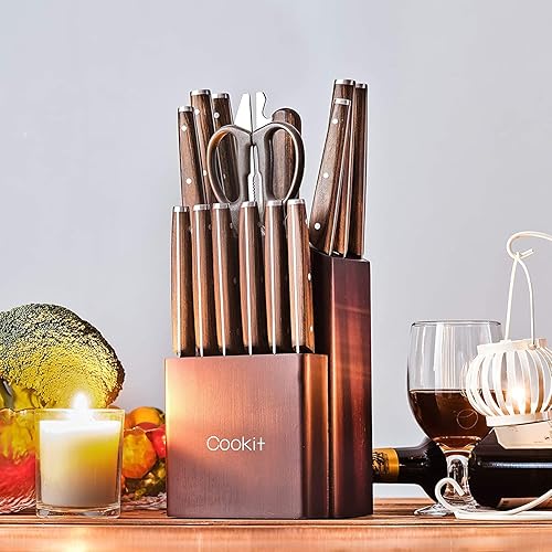 Miniatura 8 de Juego de 15 cuchillos de cocina con mango de madera juego de herramientas de corte de cocina con afilador tijeras de hoja de acero inoxidable