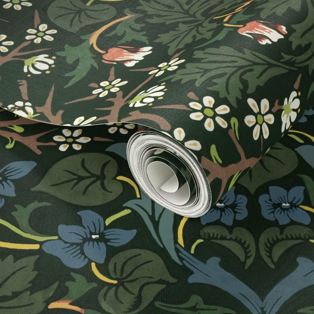 Spoonflower Peel & Stick Wallpaper 3ft x 2ft - William Morris Vintage Antique Victorian Tulips Damask Evergreen Forest Green Maximalist Folk Art Custom Removable Wallpaper