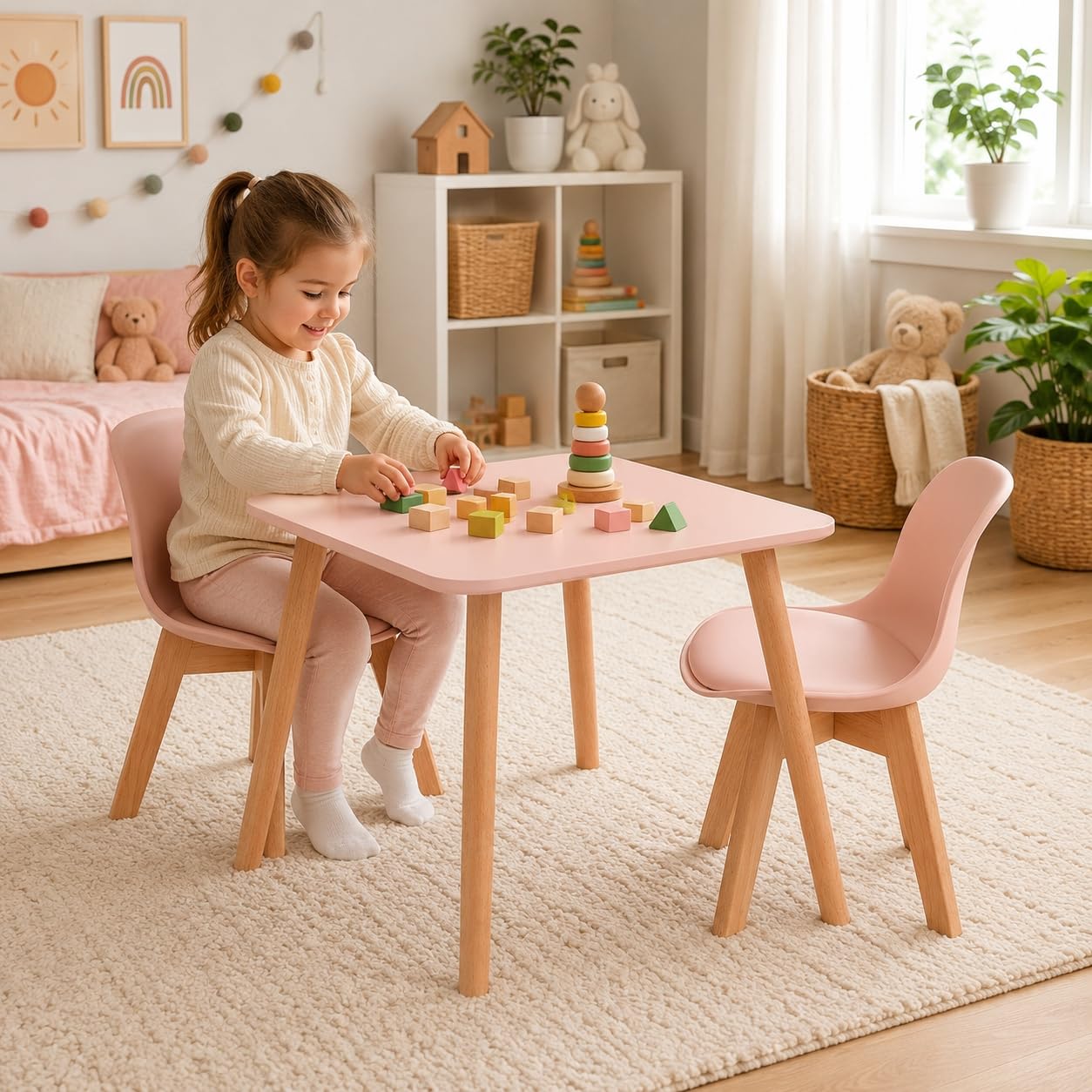 EGGREE Kindertisch mit 2 Stühlen, Kindersitzgruppe, aus FSC nachhaltigem massivem Buchenholz, SGS getestet, 1 bis 6 Jahre Kinder, Kindermöbel für Kinderzimmer, Kindergärten,rosa