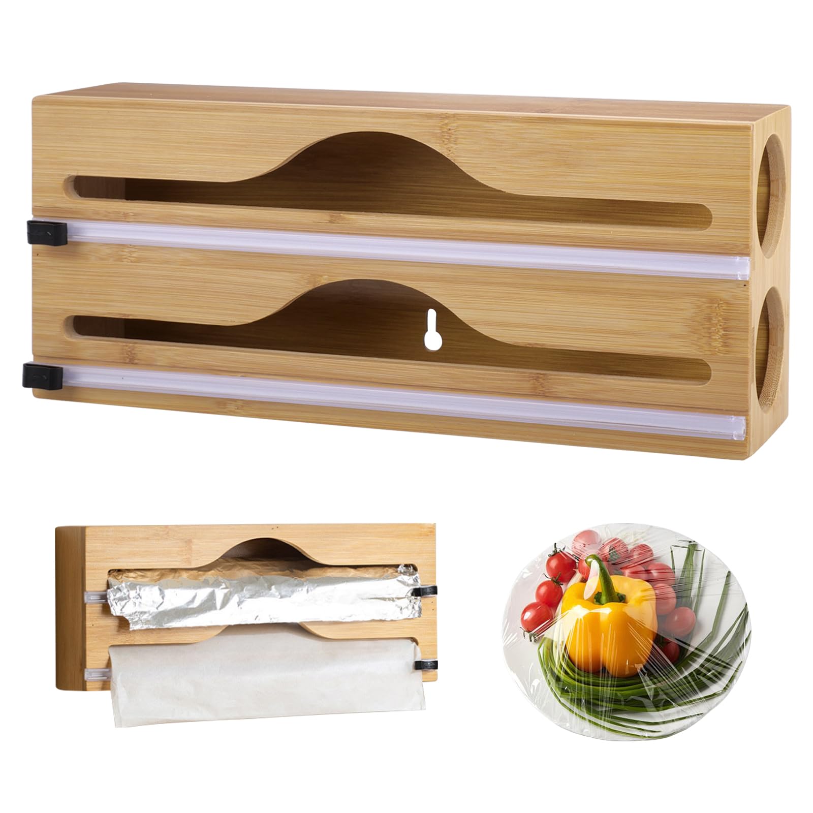 2 in 1 Frischhaltefolienspender Folienschneider Folienspender aus Holz Folienabroller Folienspender mit Cutter für Schublade Organizer für Folien Küche, 33x14x7cm