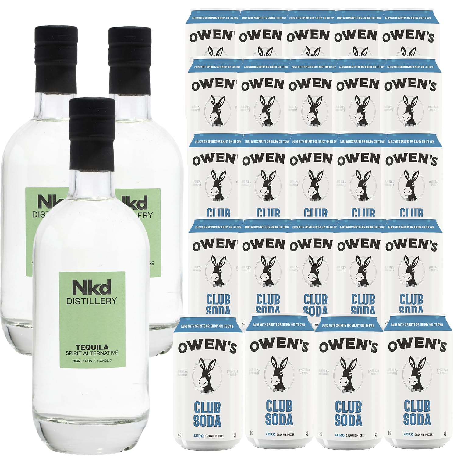 Nkd Distillery Tequila Alternative Premium Non-Alcoholic Spirit 750 ML Bottles w Owen’s Mixers Club Soda 8.2 OZ Cans - Perfect for Mocktails - Made in USA