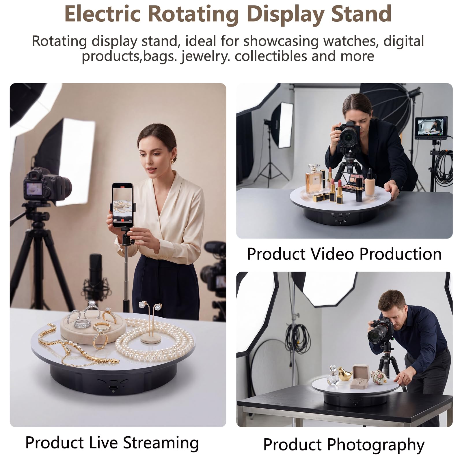 Plateau tournant électrique de 20 cm avec 5 fonds, plateau rotatif pour la photographie, rotation à 360°, capacité de charge de 8 kg, idéal pour les accessoires de tournage vidéo et les bijoux