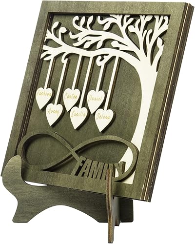 Vista 196 de Árbol genealógico con etiqueta de corazón, placas de madera grabadas personalizadas, regalos personalizados para madres, padres, escritorio, nombres
