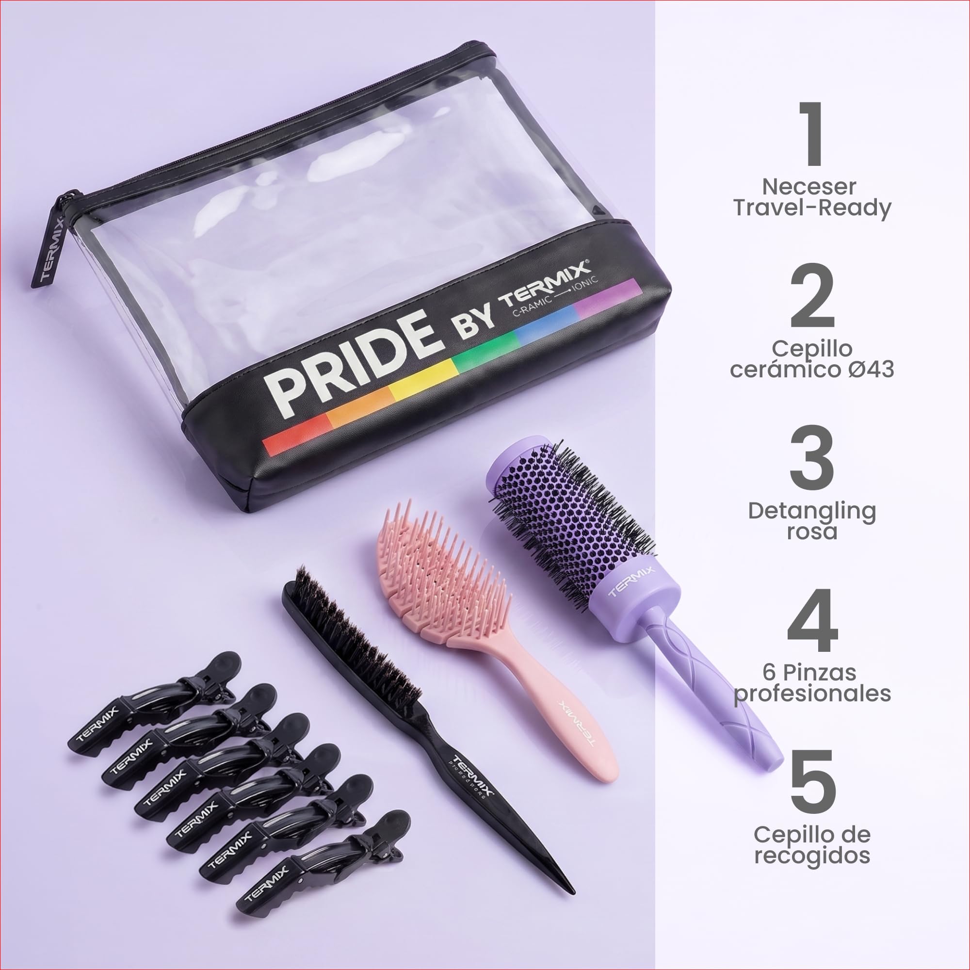 TERMIX - Perfect Look Kit Pride | Set de Peinado con Cepillo Redondo Ø43, Cepillo Desenredante, Cepillo de Recogidos, 6 Pinzas y Neceser | Forma, Movimiento, Brillo y Rutina Completa