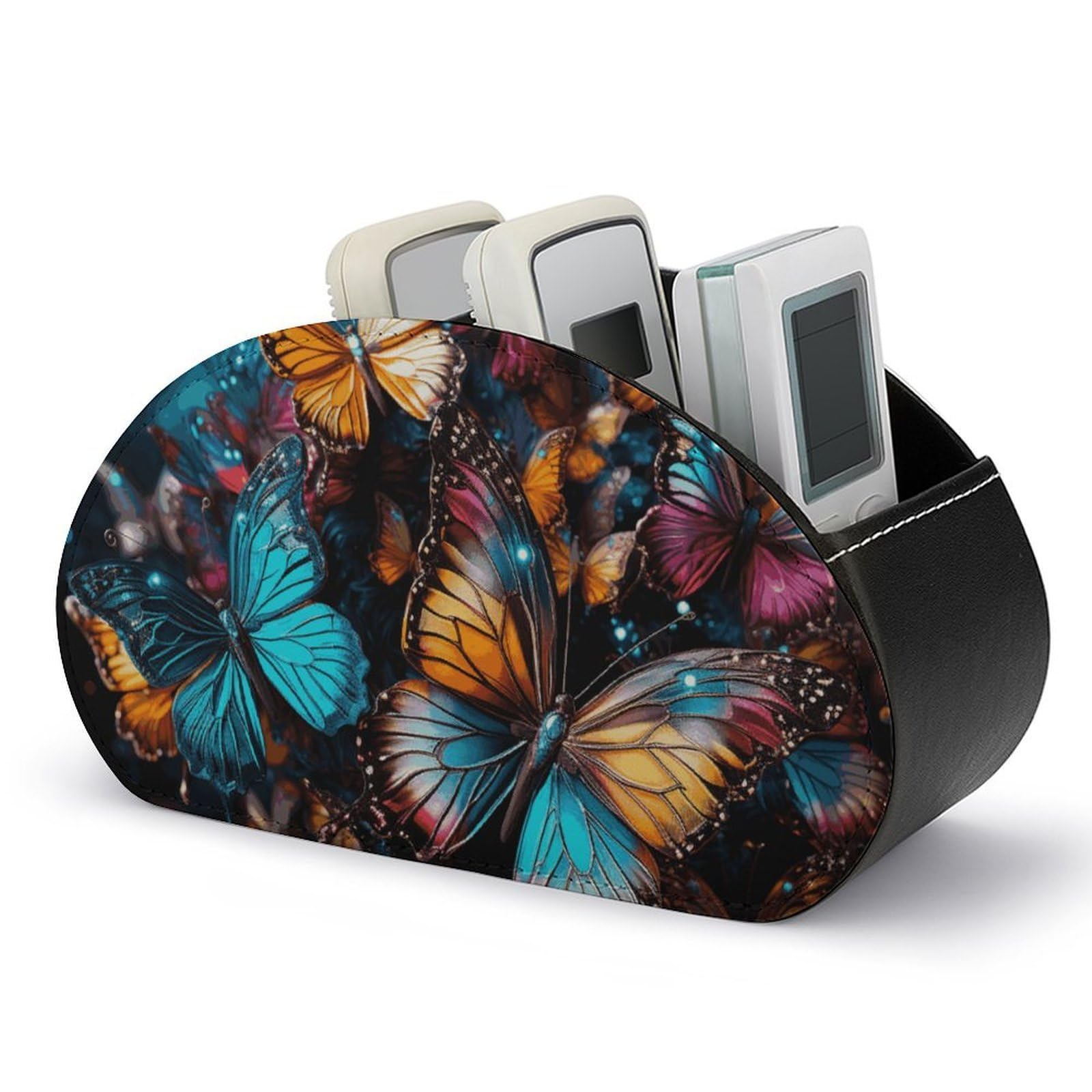 Colorful Butterflies Flying Around on Black Background Remote Control Holder with 5 Compartment Organizer Box, Leather TV Remote Holder Organizer Caddy for Table, PU Leather Remote Box for Nightstand
