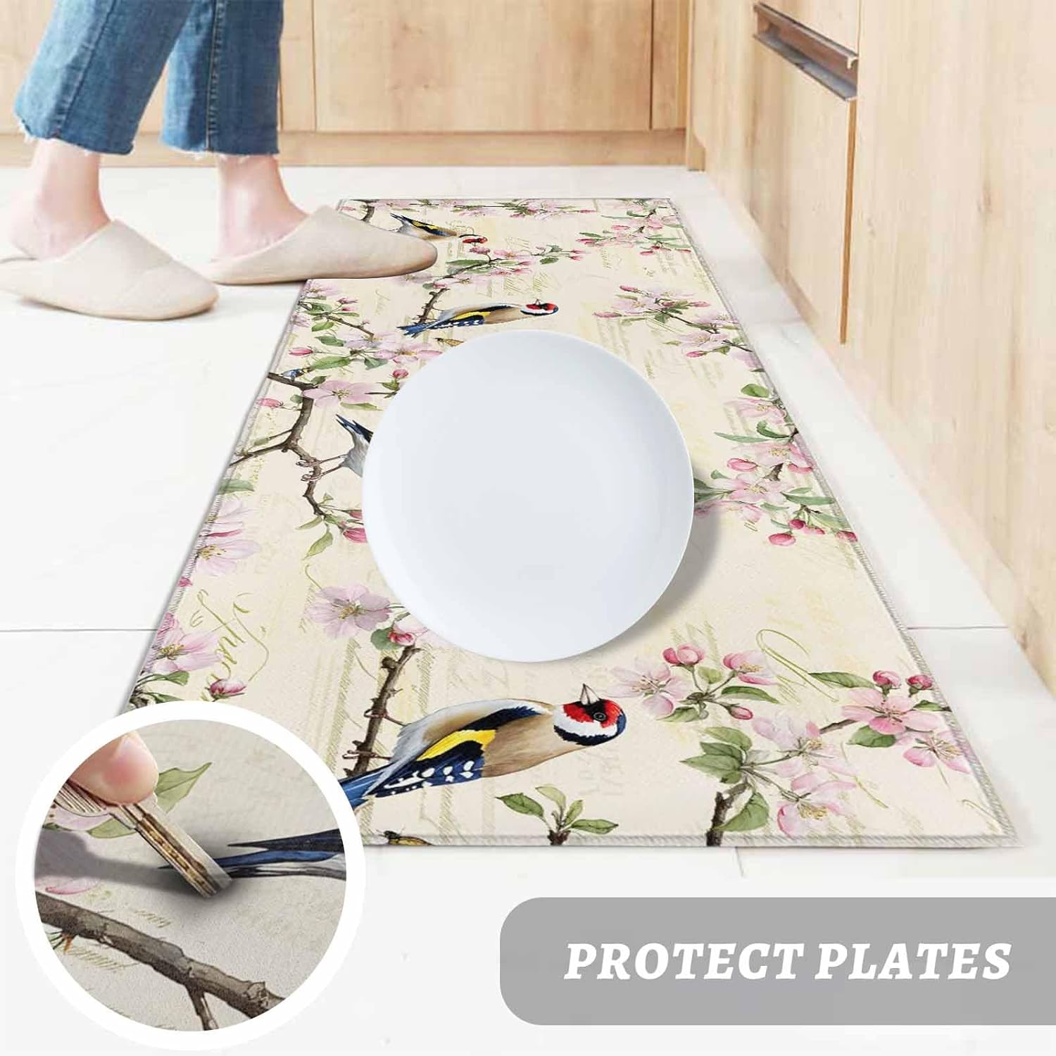 Teamery Kitchen Mats for Floor Cherry Blossoms Ombre Pink Washable Non Slip Kitchen Rugs 1PCS, Country Leaves Bird on Beige Absorbent Standing Mats for Sink Bathroom Office Living Room 23.6x70.9in