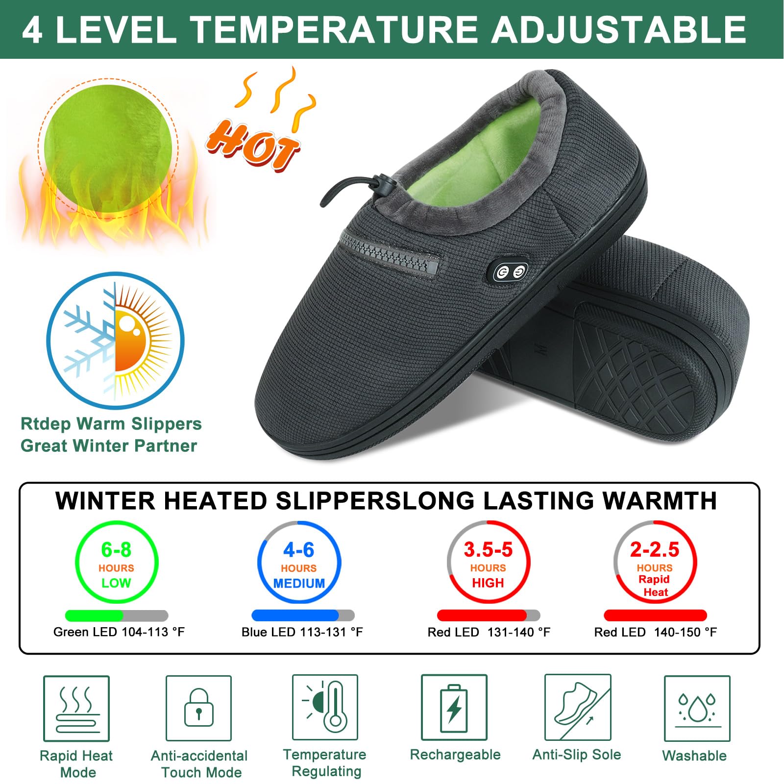 Ciabatte Riscaldabili RTDEP 3 Temperatura, Scarpe Elettriche con Batteria 5000mAh Doppio Interruttore, Caldo Inverno