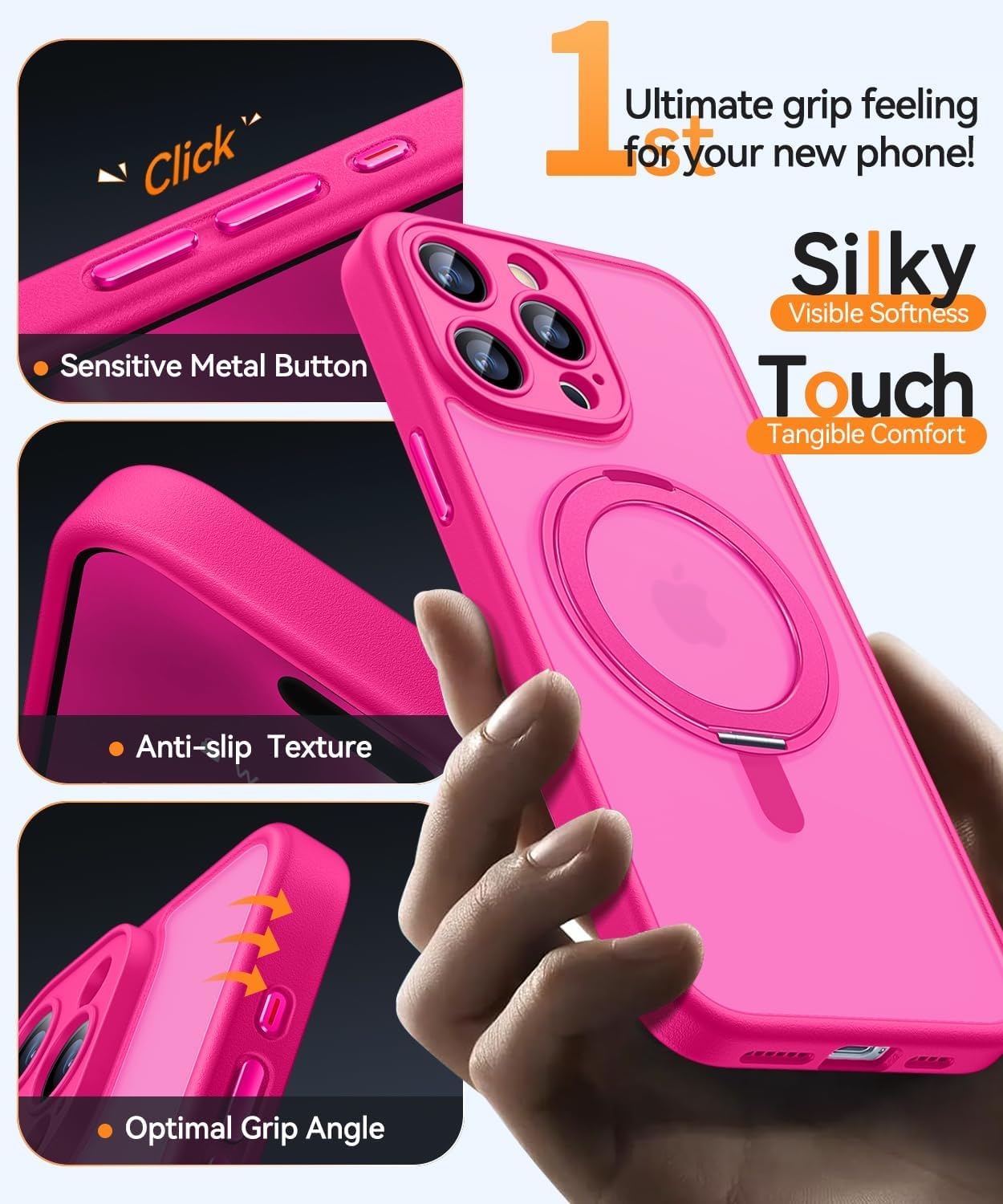 CANSHN 360° Spin Magnetic Stand for iPhone 15 Pro Max Case [Full Camera Protection] [Compatible with Magsafe] [Translucent Matte] Shockproof Protective Kickstand Phone Cover 6.7" - Hot Pink