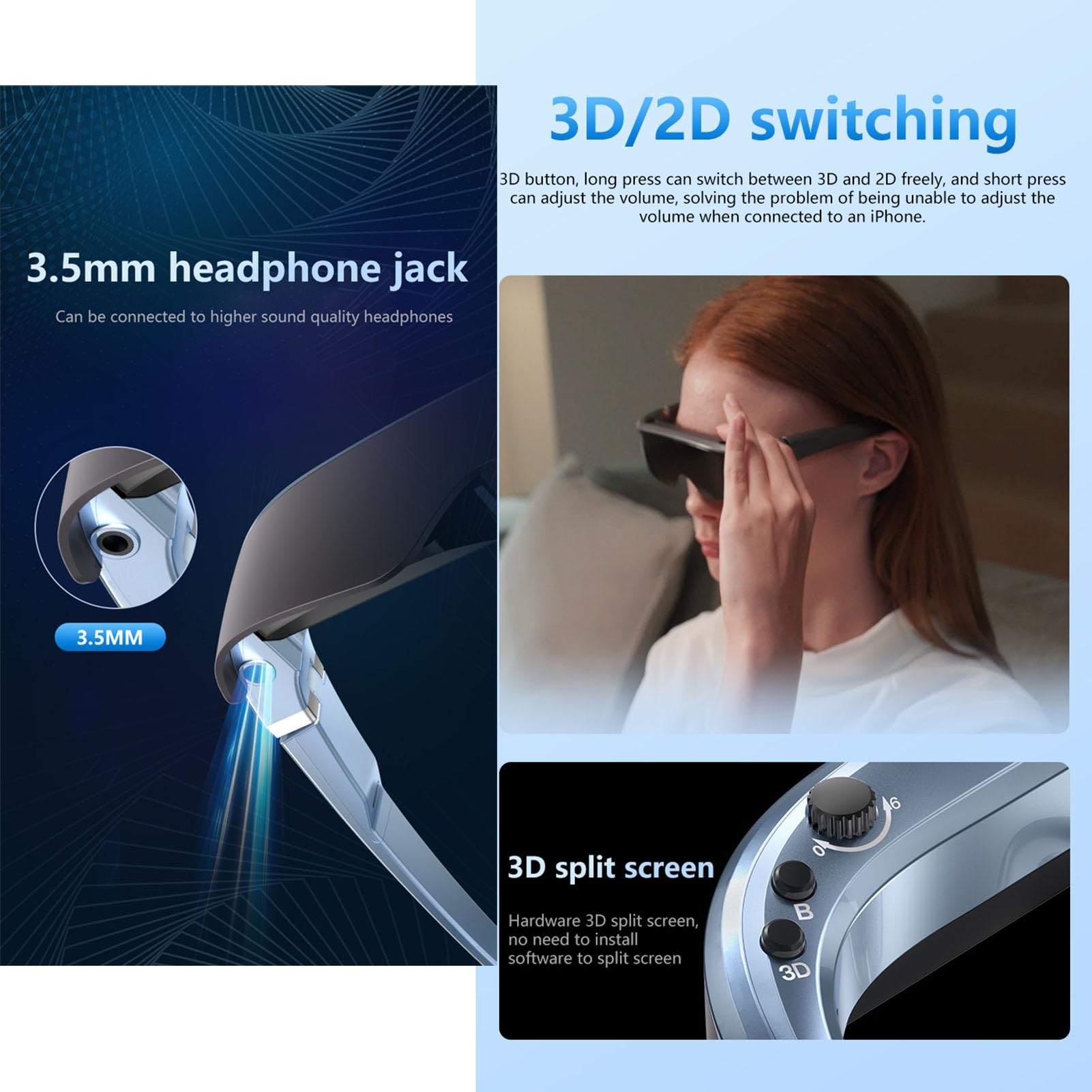 Gafas Realidad Aumentada para Visualización Películas 3D Divididas, Pantalla Virtual Mega De 120 Pulgadas, Interfaz Usuario Desarrollada por Nosotros Mismos, Portátil Sus Necesidades Cine Casa