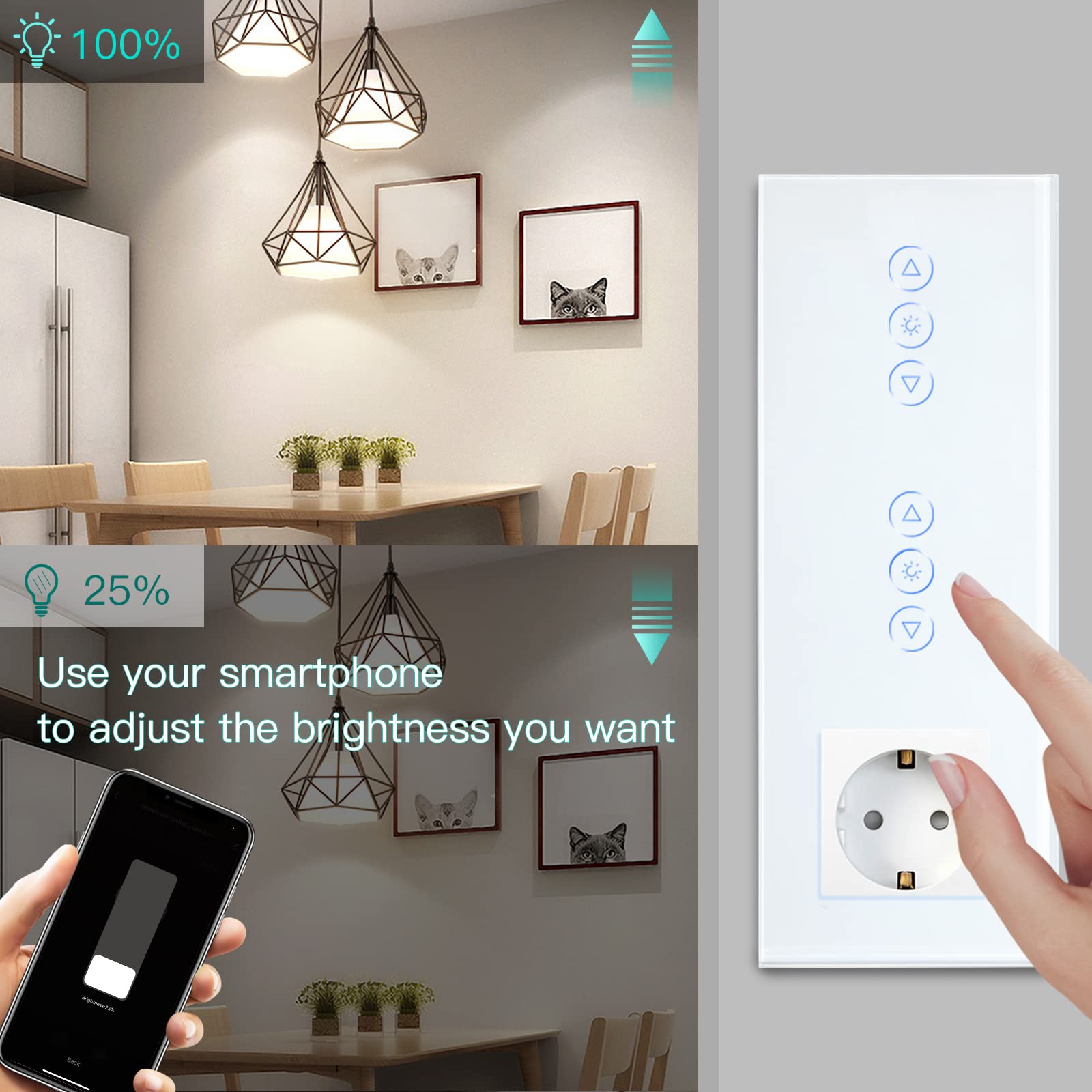 BSEED 16Amp Normal Steckdose mit Doppelt Smart Alexa Dimmer Lichtschalter Glas Wifi Touch Dimmerschalter (Neutrale Leitung benötigt)1 Fach 1 Weg, Kompatibel mit Tuya/Google Home/SAMRT LIFE Weiß