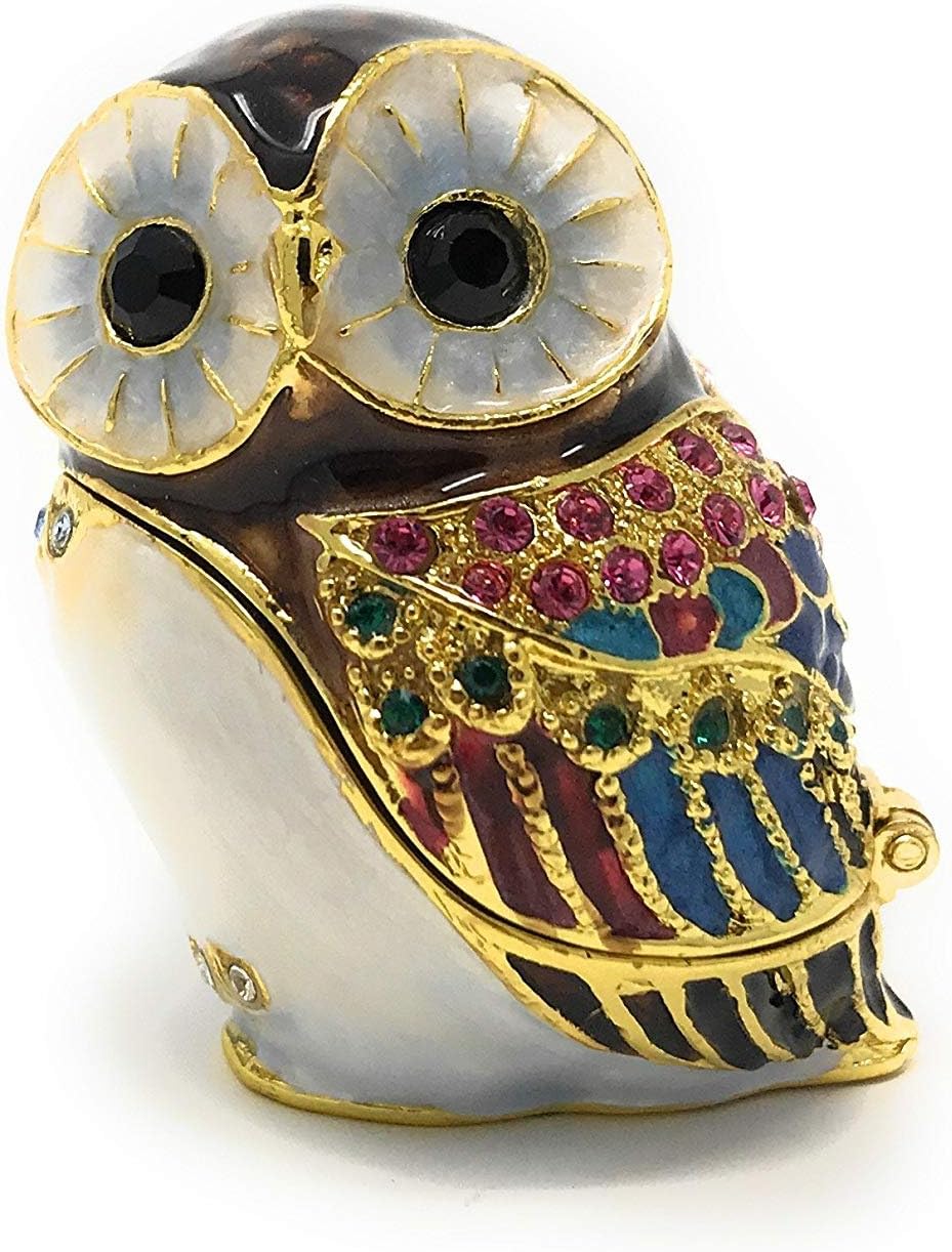 Enameled Owl Trinket Box, Accented with Austrian Crystals