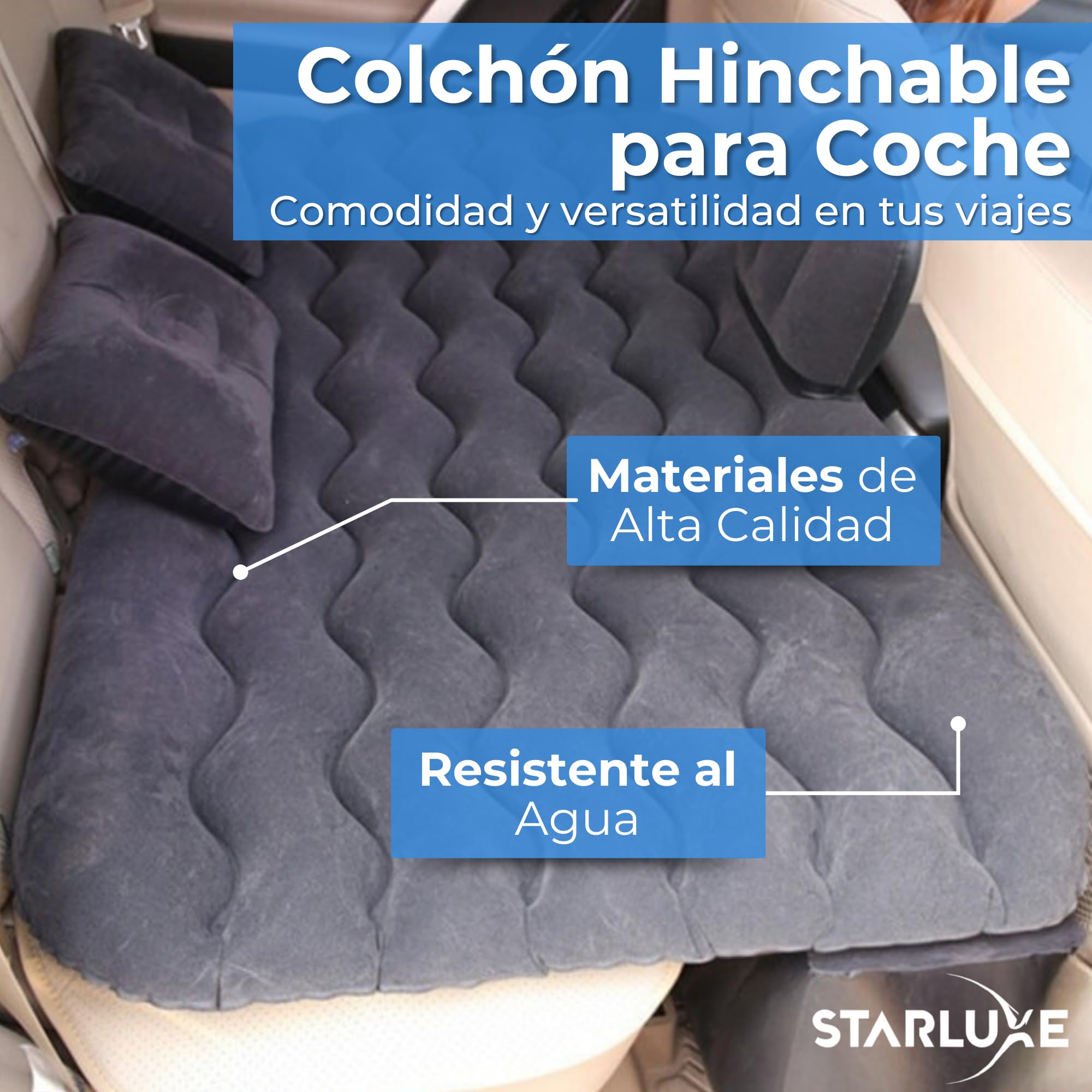 Colchón para Coche Negro con Bomba de Aire Eléctrica - Cama Hinchable para Asientos Traseros