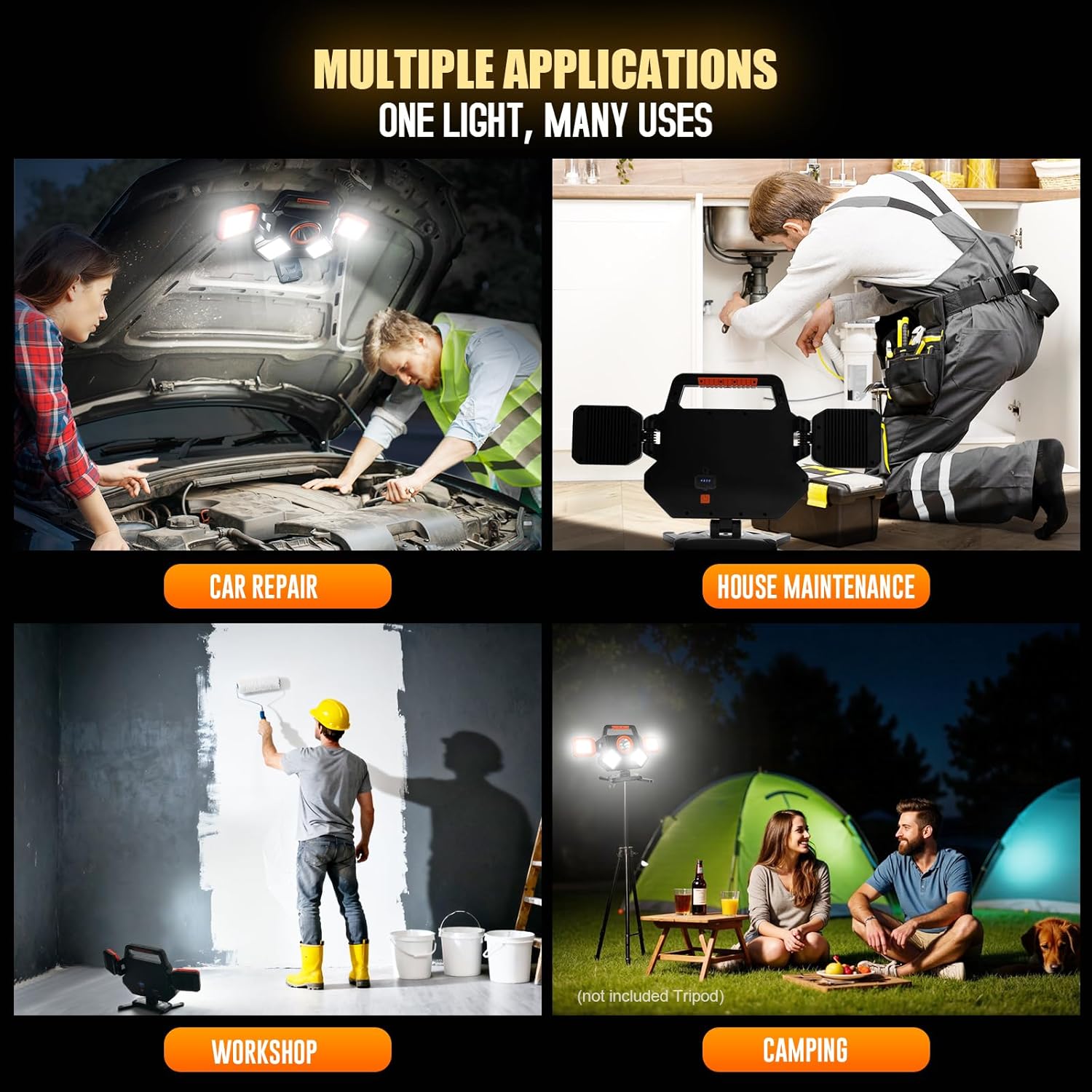 55W Rechargeable Work Light 5000LM, Foldable&Rotatable Magnetic LED Work Light with 6 Modes, 8000mAh Battery Powered Portable Work Lights for Workshop, Car Repair, Construction, Camping, Emergency Use