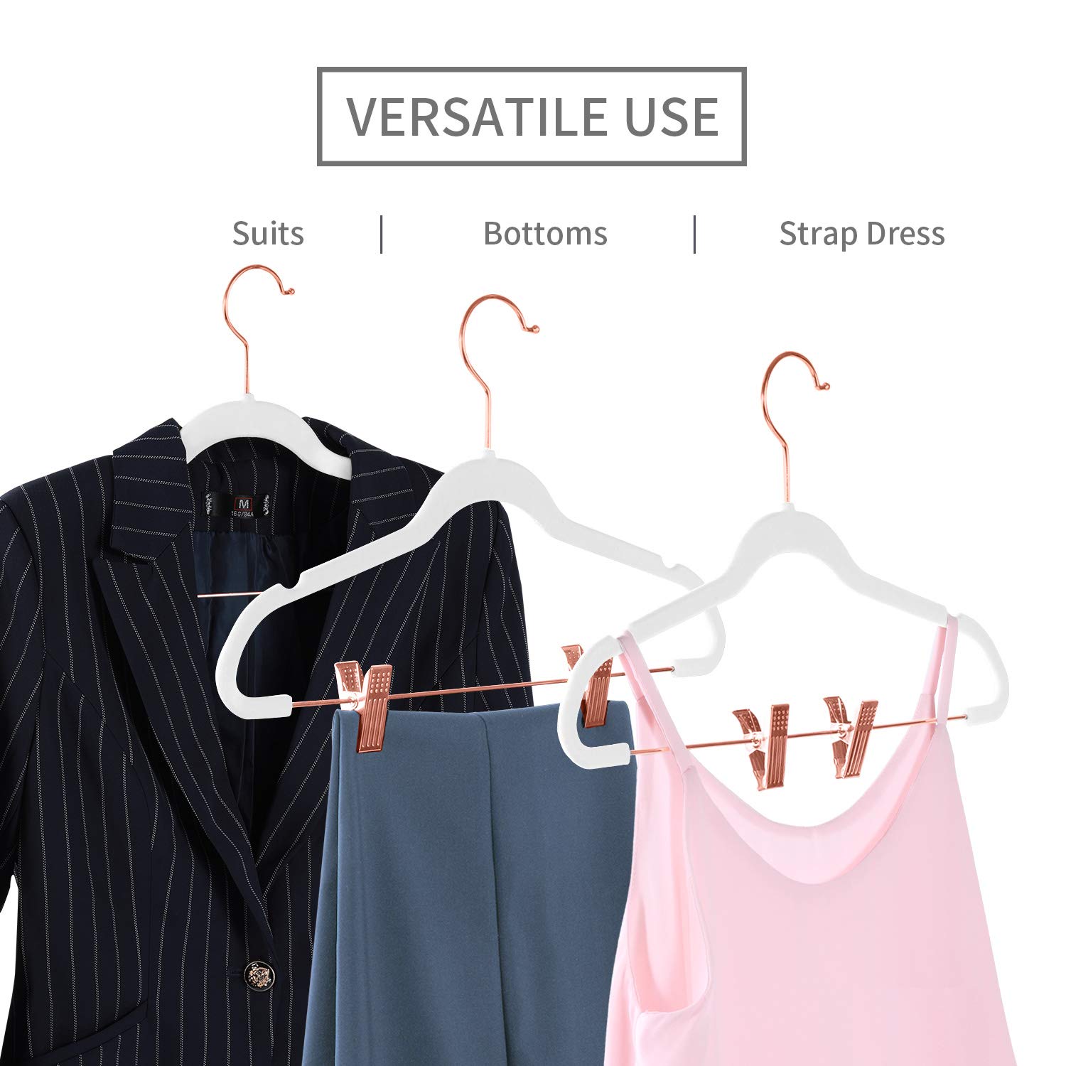 MIZGI Kleiderbügel, Hosen, Vevet-Kleiderbügel mit Clips, Kleiderbügel, Rutschfester Samt, Hosen, Roségold Samt Kleiderbügel, platzsparend, Filz Kleiderbügel, schmal, Kleid weiß