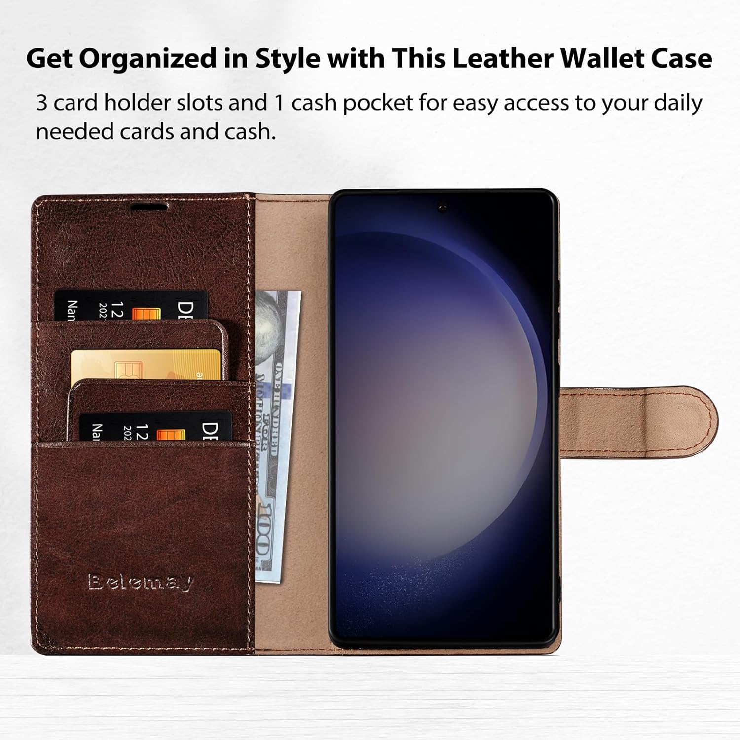Belemay Wallet Case for Samsung Galaxy S25 Ultra, Two-Tone Genuine Leather [Durable & Protective] RFID Blocking Card Holders, Shockproof TPU Shell, Kickstand, Drop Protection Flip Cover 6.8", Brown - Image 3