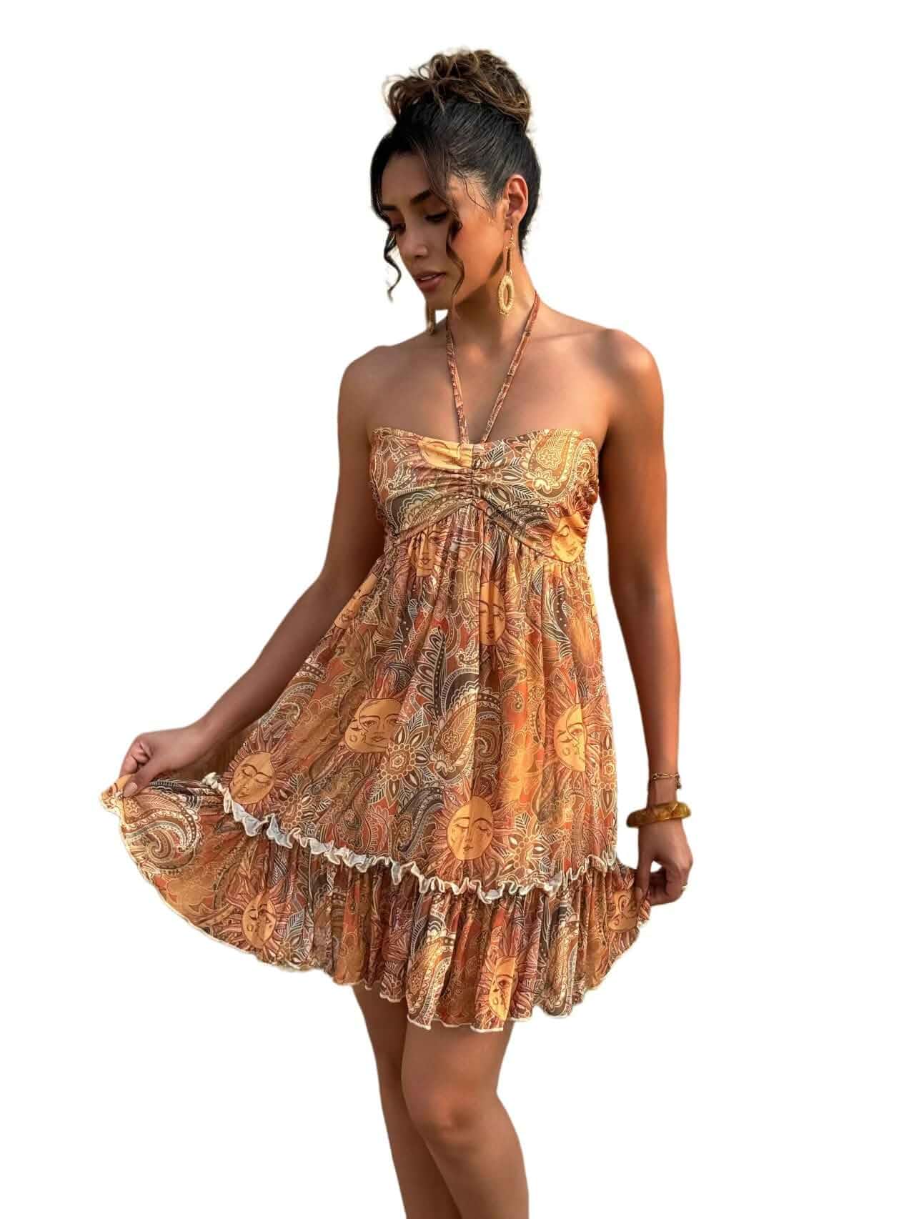 Women's Paisley Print Ruched Halter Mini Dress Ruffle Tiered A Line Boho Dresses Patterned