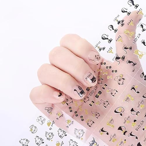 Miniatura 4 de 30 hojas de calcomanías de arte de uñas de gato negro, autoadhesivas, 3D, diseños de uñas de Halloween, lindos corazones de dibujos animados,