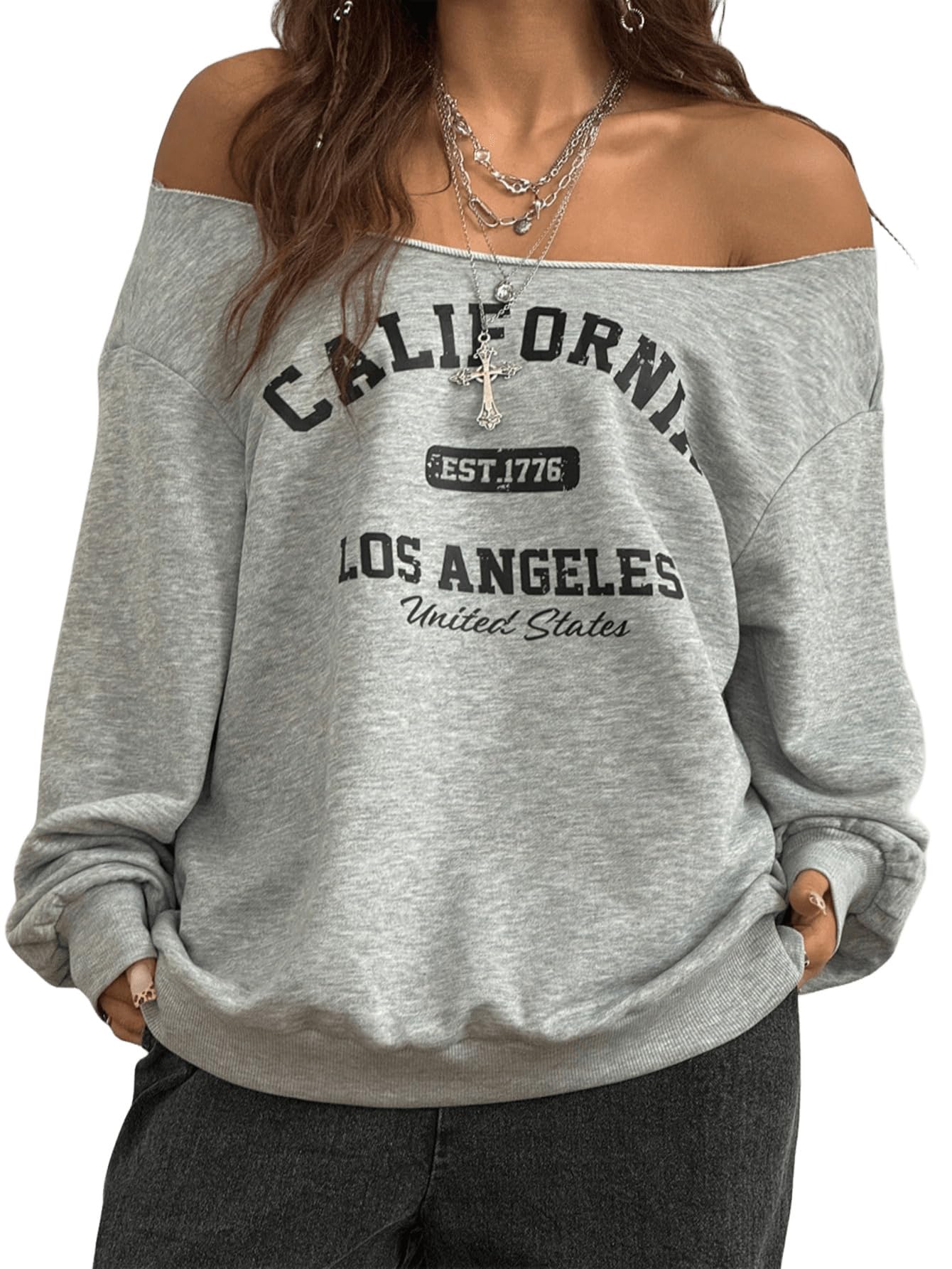 sxv style California Los Angeles Off Shoulder Sweatshirt, Grey Cotton Crop Top, EST 1776 Vintage Style Casual Wear-picture-17