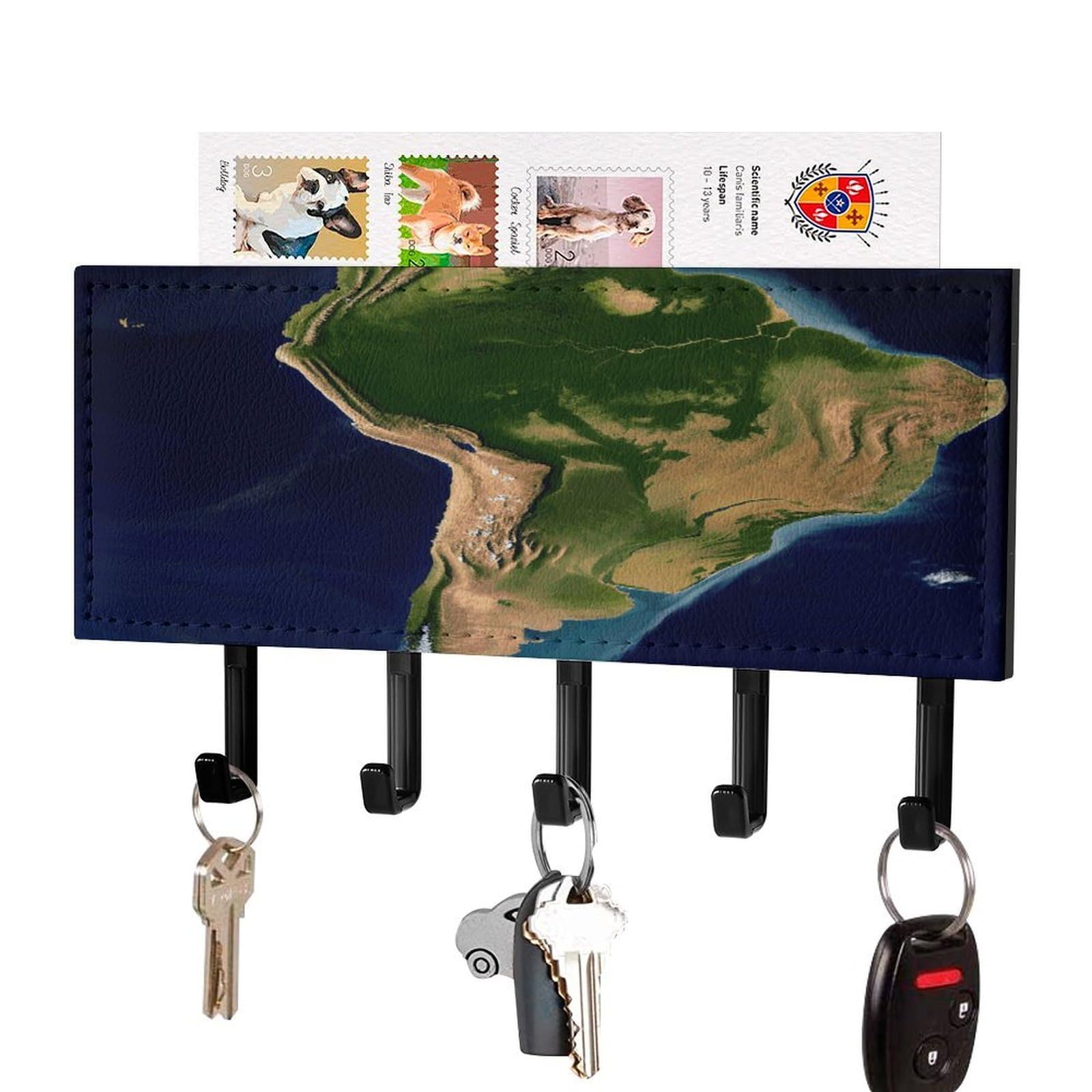 FekiLoot South America Satellite Image Key Holder for Wall Decorative Mail Organizer with 5 Key Hook Self Adhesive Key Rack with Tray Coat Rack Wall Mount Key Hanger Decor for Entryway Door