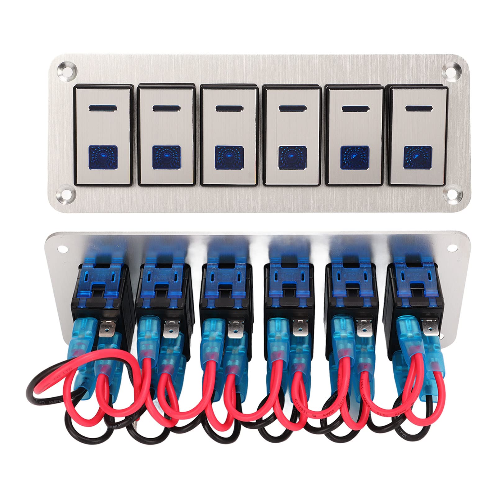 Pannello interruttore a rocker a 6 gang 12 V 24 V LED blu impermeabile SPST On Off interruttore pre-cablato per auto barca camion UTV con telaio in lega di alluminio e pulsante ill
