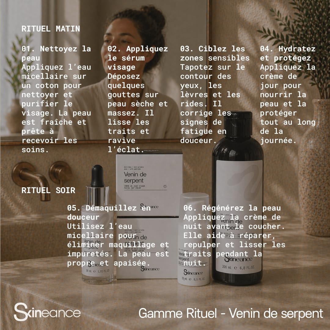 Skineance - Gamme Rituel Venin de Serpent | 5 Produits Soin Visage Anti-âge | Crème Jour 50 ml + Crème Nuit 50 ml + Eau Micellaire 200 ml + Sérum 30 ml + Sérum Zones Sensibles 15 ml | Coffret beauté
