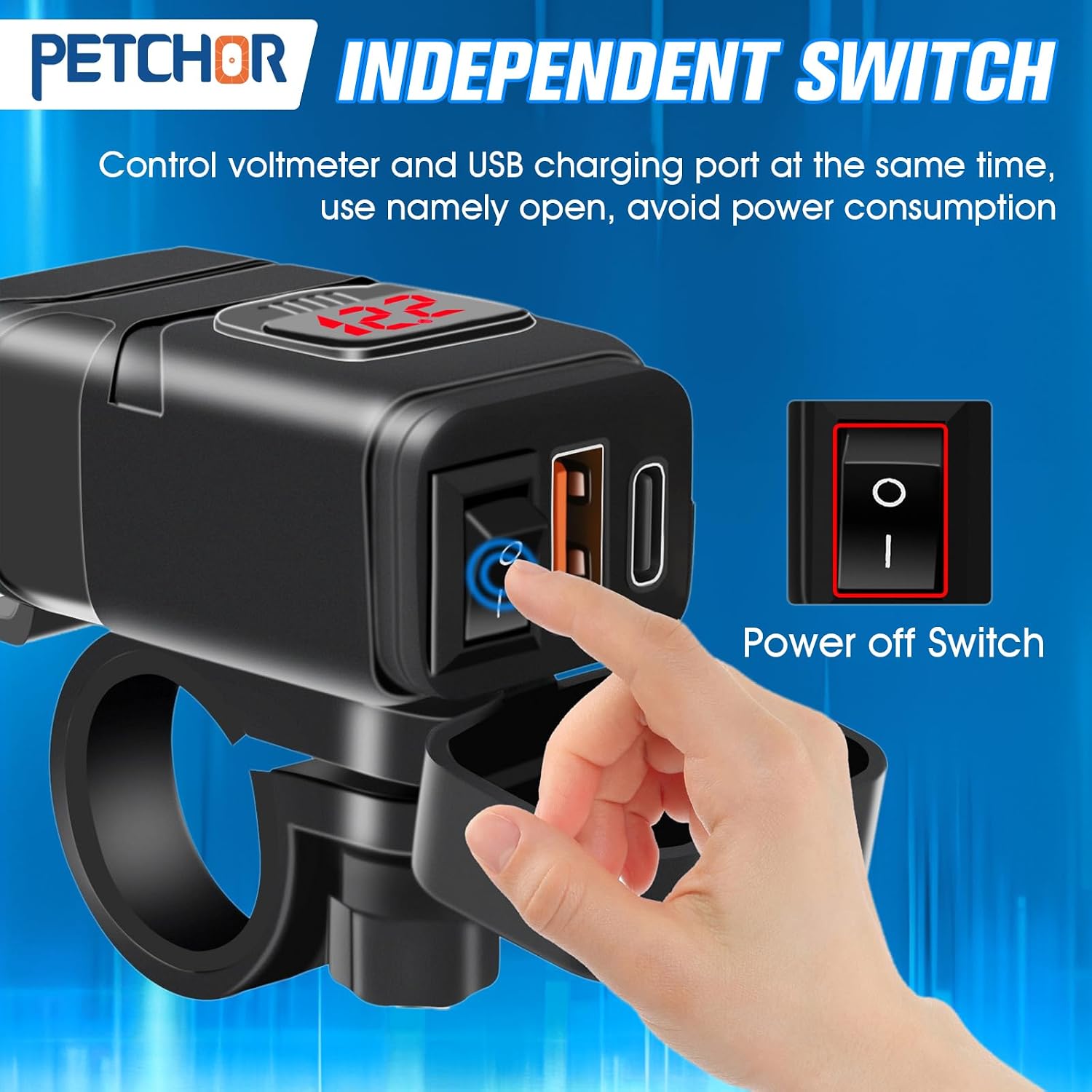 Motorcycle USB Charger, 6.4A Dual USB Quick Charge 3.0 & Type C PD Motorcycle Phone Charger with Voltmeter & ON/Off Switch, Quick Disconnect SAE USB Adapter Motorcycle Accessories for Phones