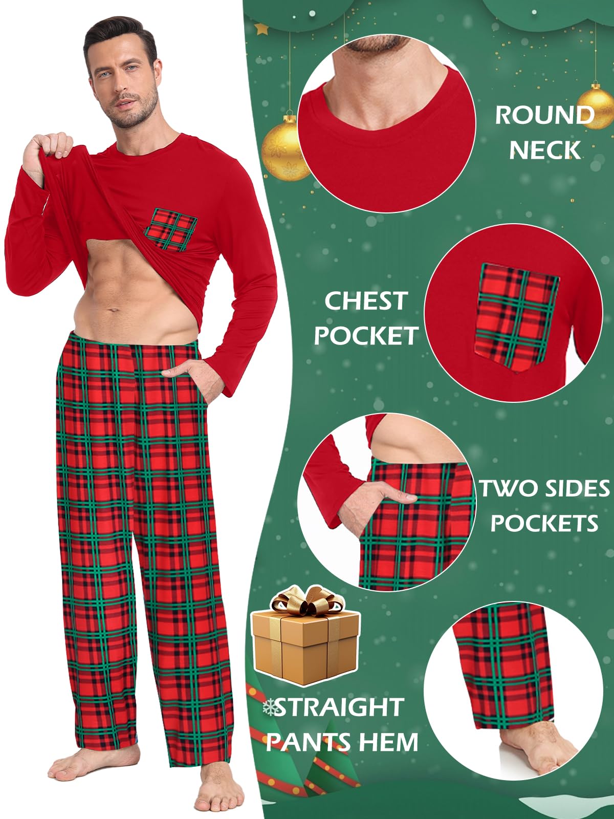 Conjunto de pijama a cuadros de Navidad a juego para parejas, ropa de dormir de manga larga, suave modal con bolsillo, S-3XL