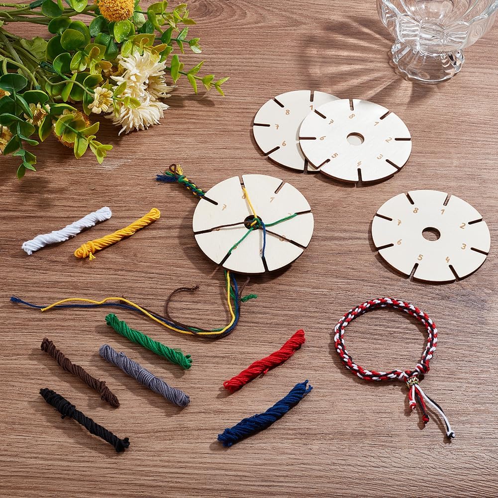 FINGERINSPIRE 4 Pcs Wood Round Bracelet Braiding Plate with 8 Colors Macrame Cotton Cords Plaited Disc Bracelet Tray Flat Round Bracelet Knitting Disk Bracelet Braiding Disc Set for Bracelet Making