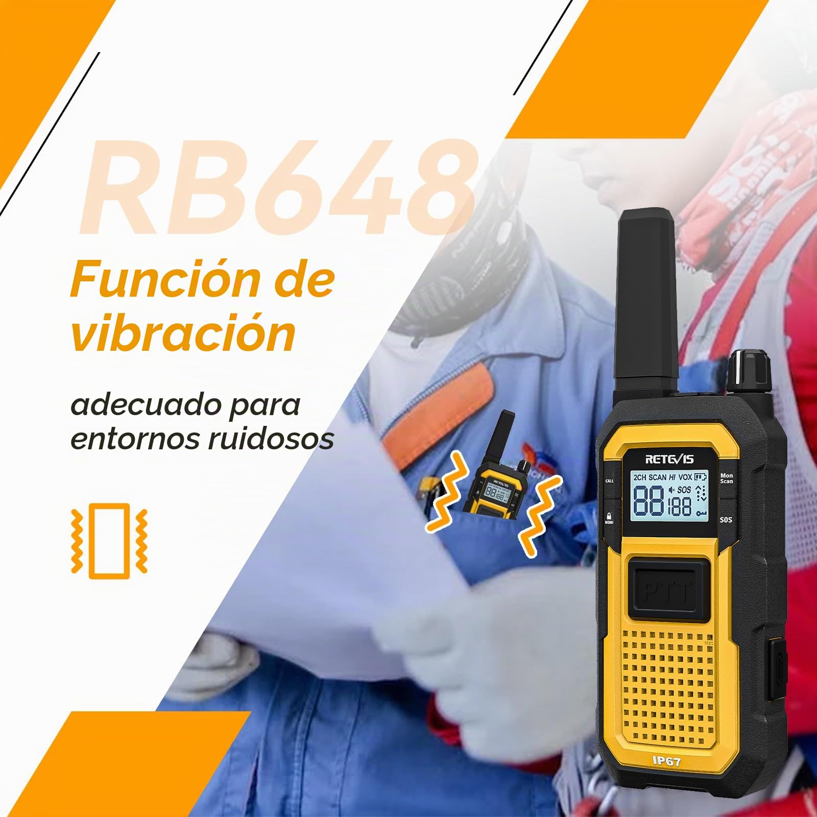 Retevis RB648 Walkie Talkie Profesional, Radio Bidireccional Impermeable | MIL-STD-810H, IP67 Impermeable, Vibración SOS, 2000 mAh, Resistente con Auricular para Construcción (4 Pcs, Amarillo)