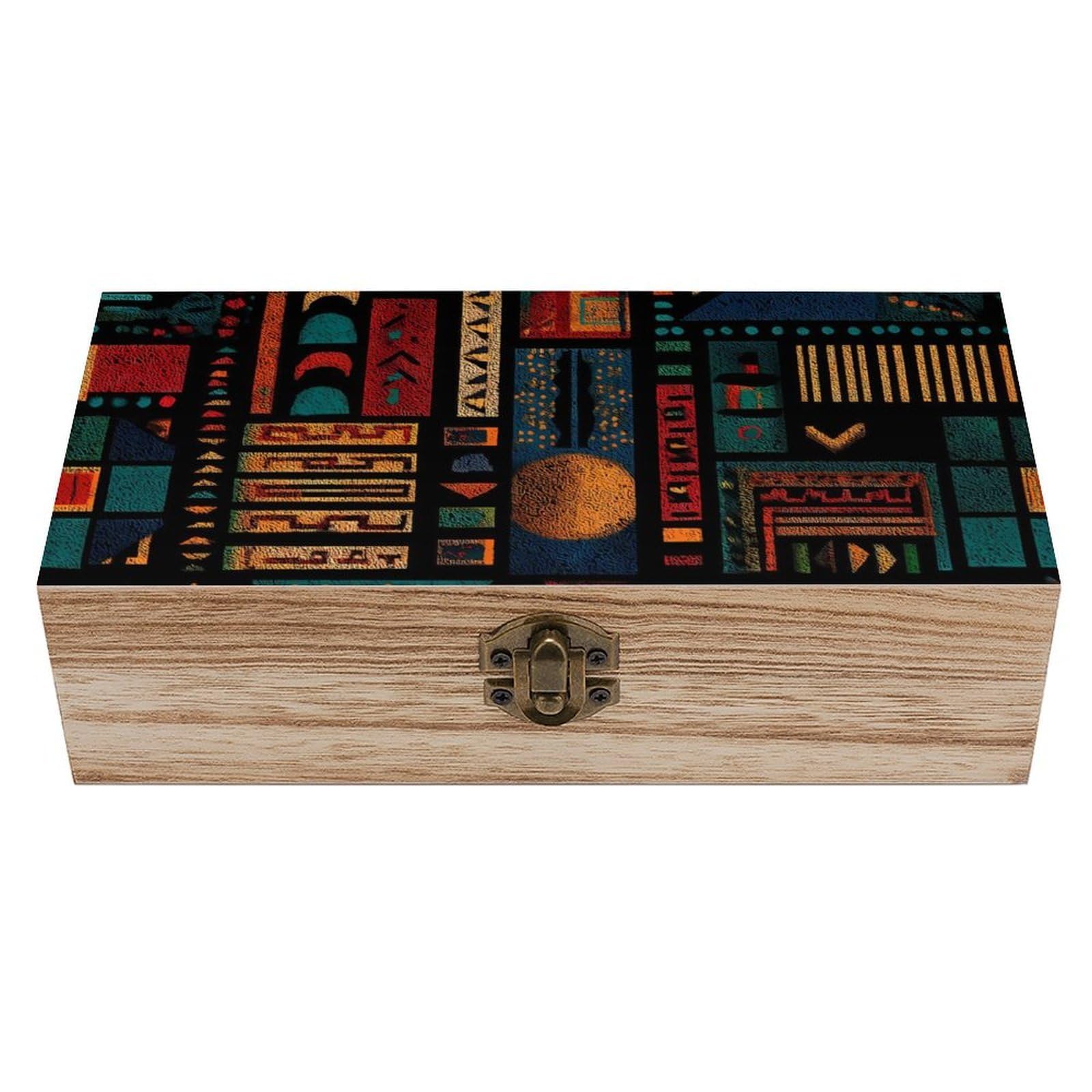 HLBSDM Colorful Egyptian Traditional Symbols Wooden Storage Box Craft Memory Keepsake Treasure Chest Box Jewelry Organizer