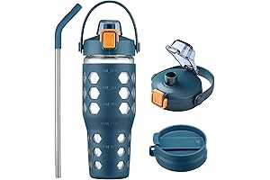 Mukoko 64 Oz Glass Water Bottle with Time Marker and Silicone Sleeve