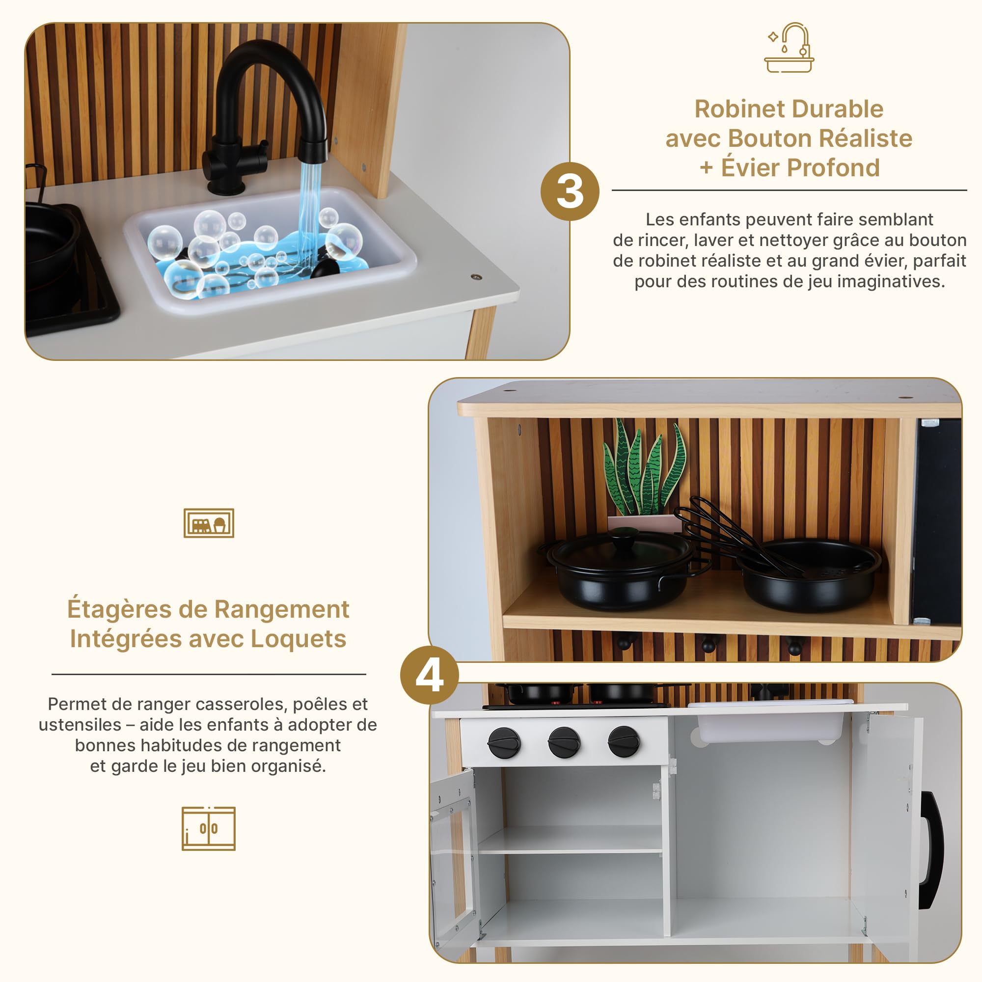 GS0070 Cuisine pour Enfant en Bois avec lumière et Son – Cuisine de Jeu avec Accessoires, cuisinière, Four, évier, Micro-Ondes – Cuisine Moderne en Bois pour Enfants à partir de 3 Ans