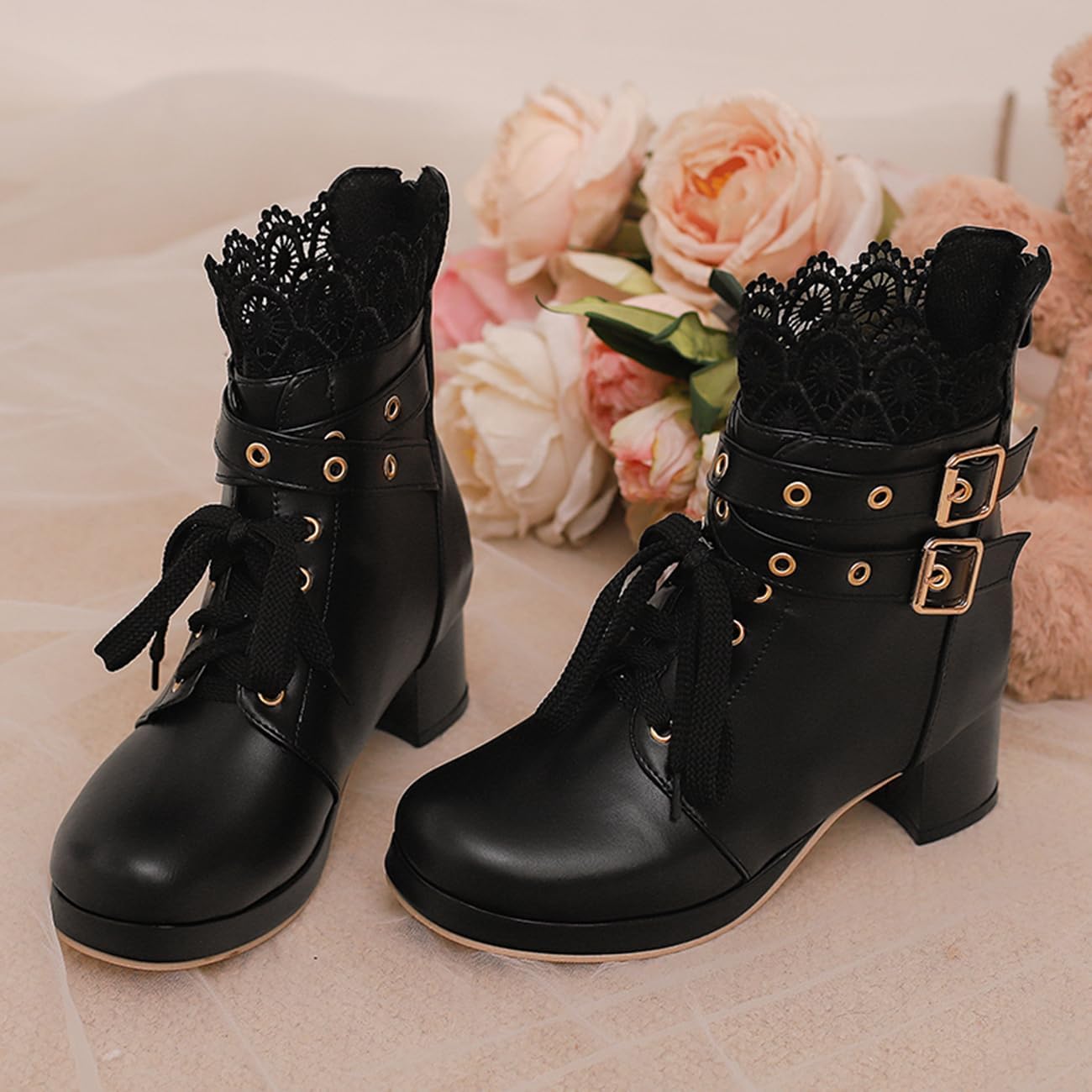 Womens Bow Ankle Boots Round Toe Lace Up Chunky Mid Heel Booties