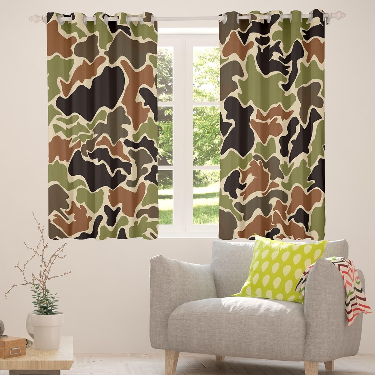 Loussiesd Tenda per finestra, motivo mimetico, 116 x 182 cm (larghezza x lunghezza), per bambini, a tema caccia di pesci, per ragazzi, ragazze, adolescenti, verde, marrone, nero, traspirante, morbida