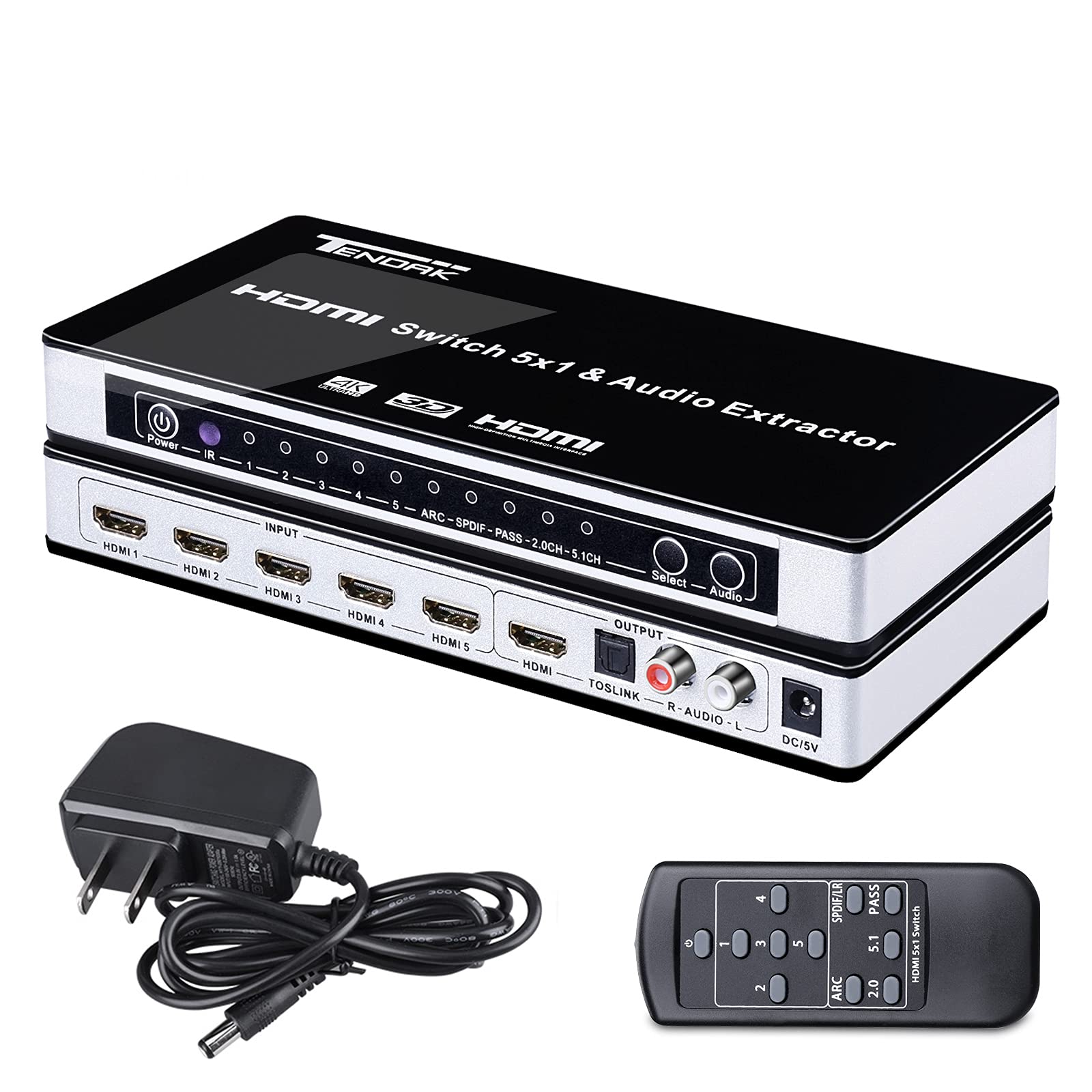 HDMI Switch with Audio Extractor - Tendak 4K 5 Ports HDMI Switcher Box with Optical Toslink SPDIF + L/R 3.5mm Stereo Audio Adapter with Remote Control Support ARC for PS4/ Roku/Xbox One/HDTV