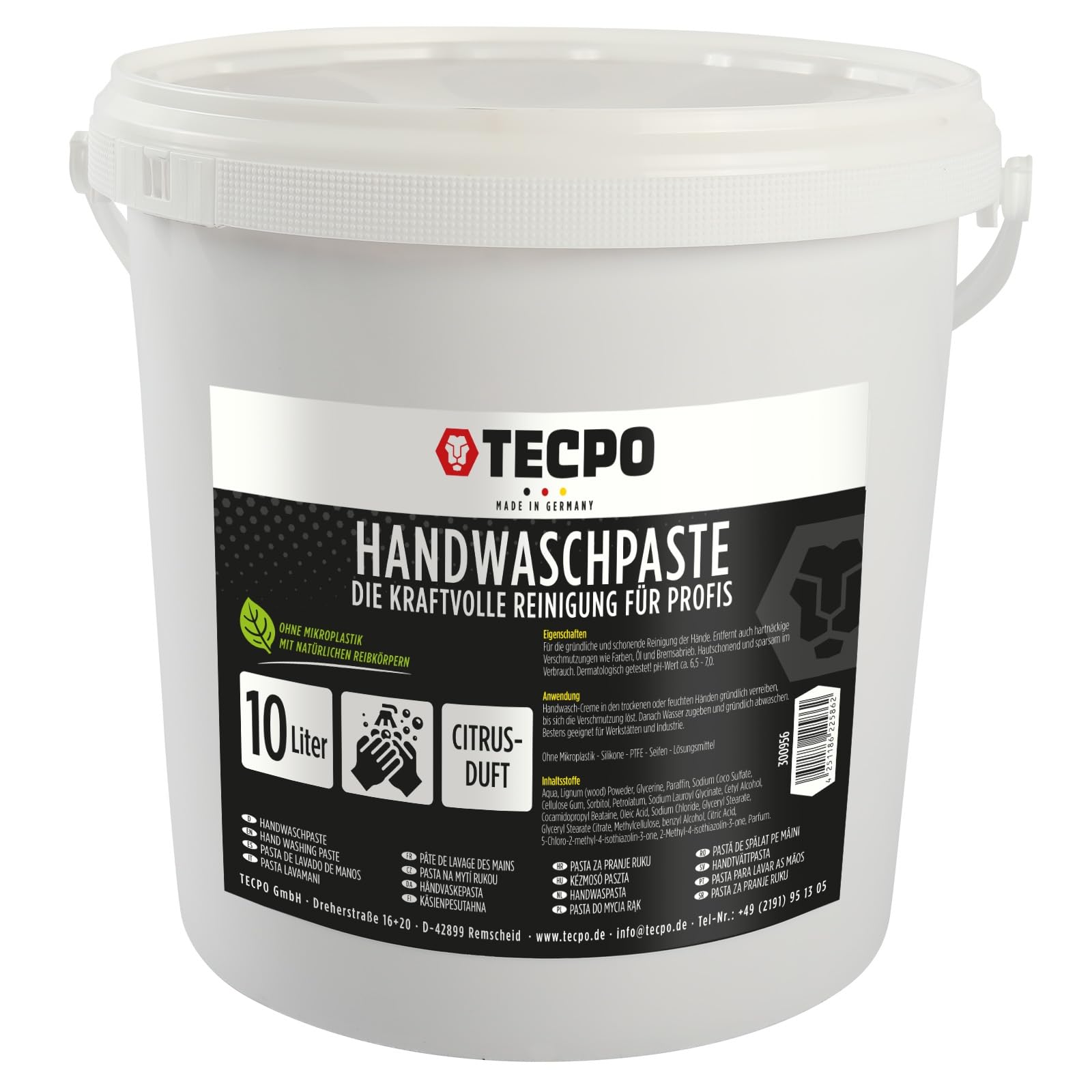 TECPO Pâte nettoyante pour les mains - 10 l - Douce pour la peau - Savon contre les saletés tenaces telles que l'huile, la graisse, la voiture et l'atelier