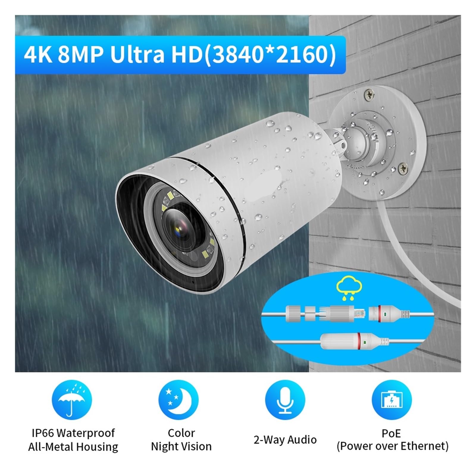 Telecamera di sicurezza IP da esterno 4K PoE da 8 MP | Telecamera CCTV con visione notturna a colori, allarme di movimento e sorveglianza intelligente