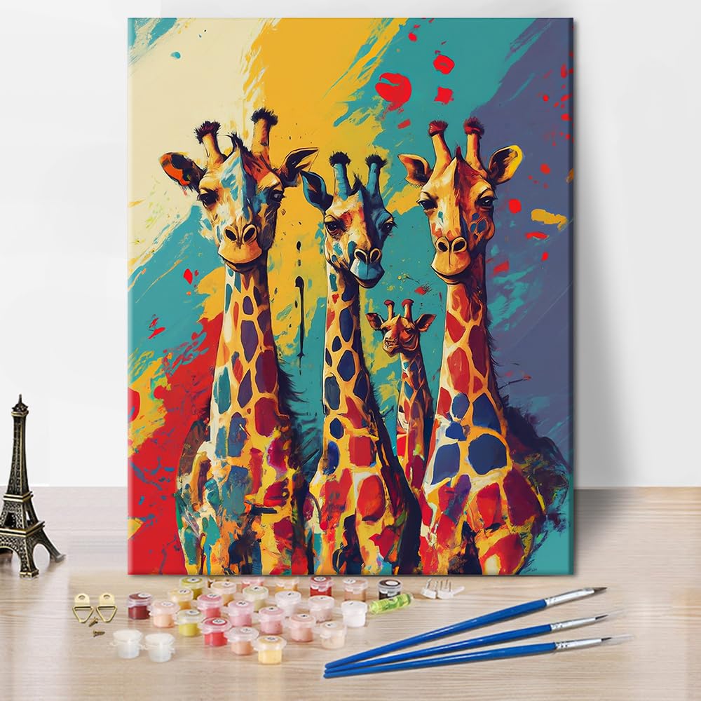 TISHIRON Animal Paint by Numbers Kit for Adults Family of Colorful Giraffes Painting Number, Giraffe DIY Painting by Numbers for Home Wall Decor Gift, 16x20 Inch