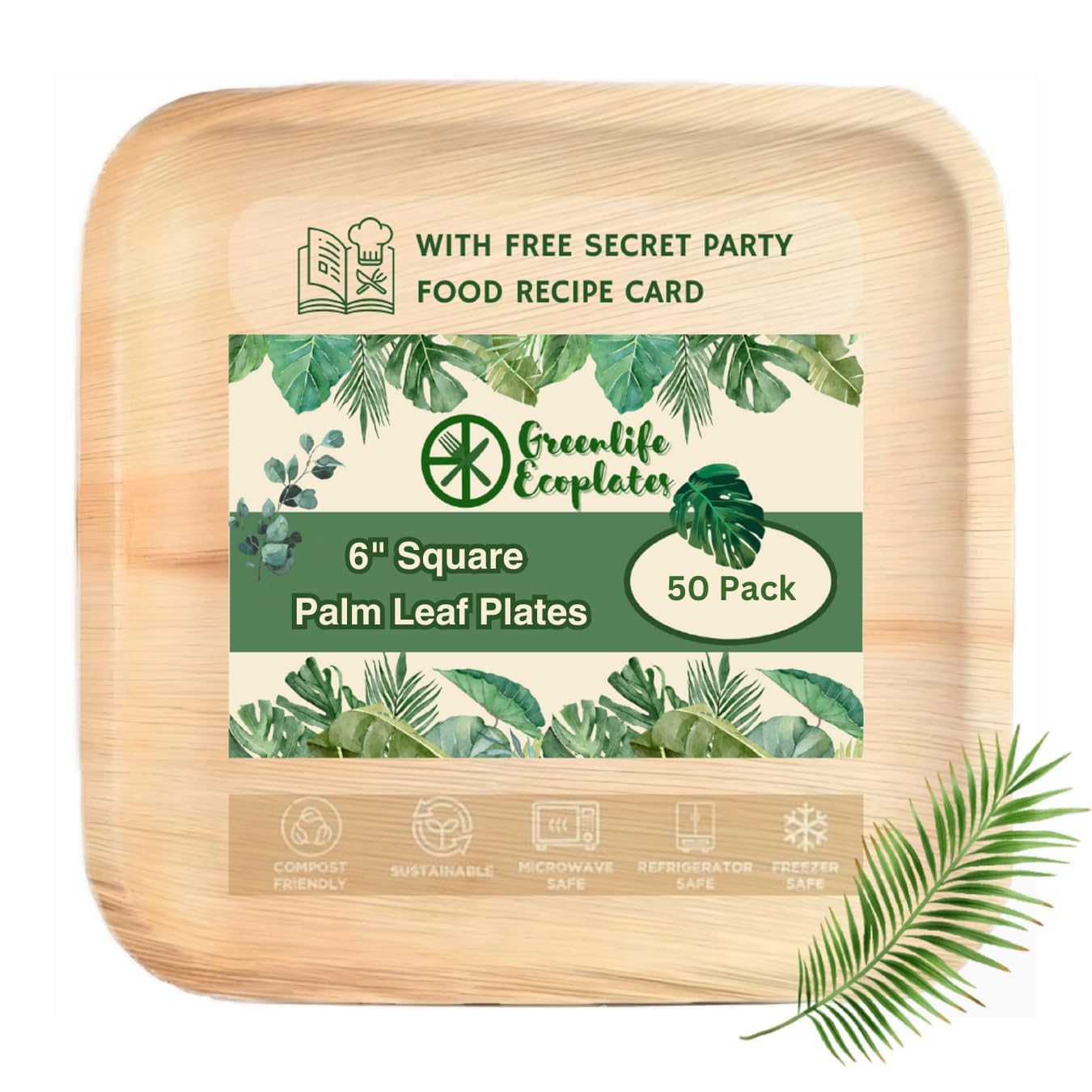6 Inch Square Disposable Palm Leaf plates (50 Pc) Like Bamboo Plates | Compostable, Biodegradable, Eco-Friendly, Better Than Plastic & Paper Plates | Dinnerware Set for Party & Wedding