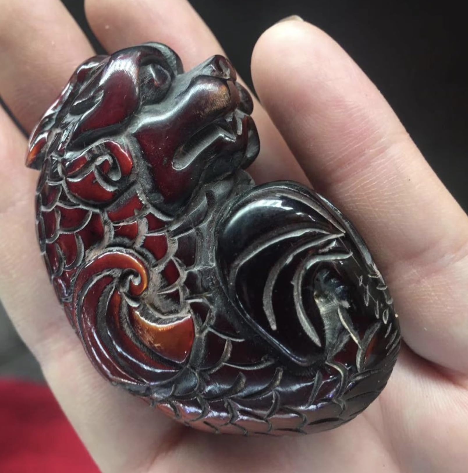 Antique collect Yak Horn Red Fish hand carve Dragon Pendant statue