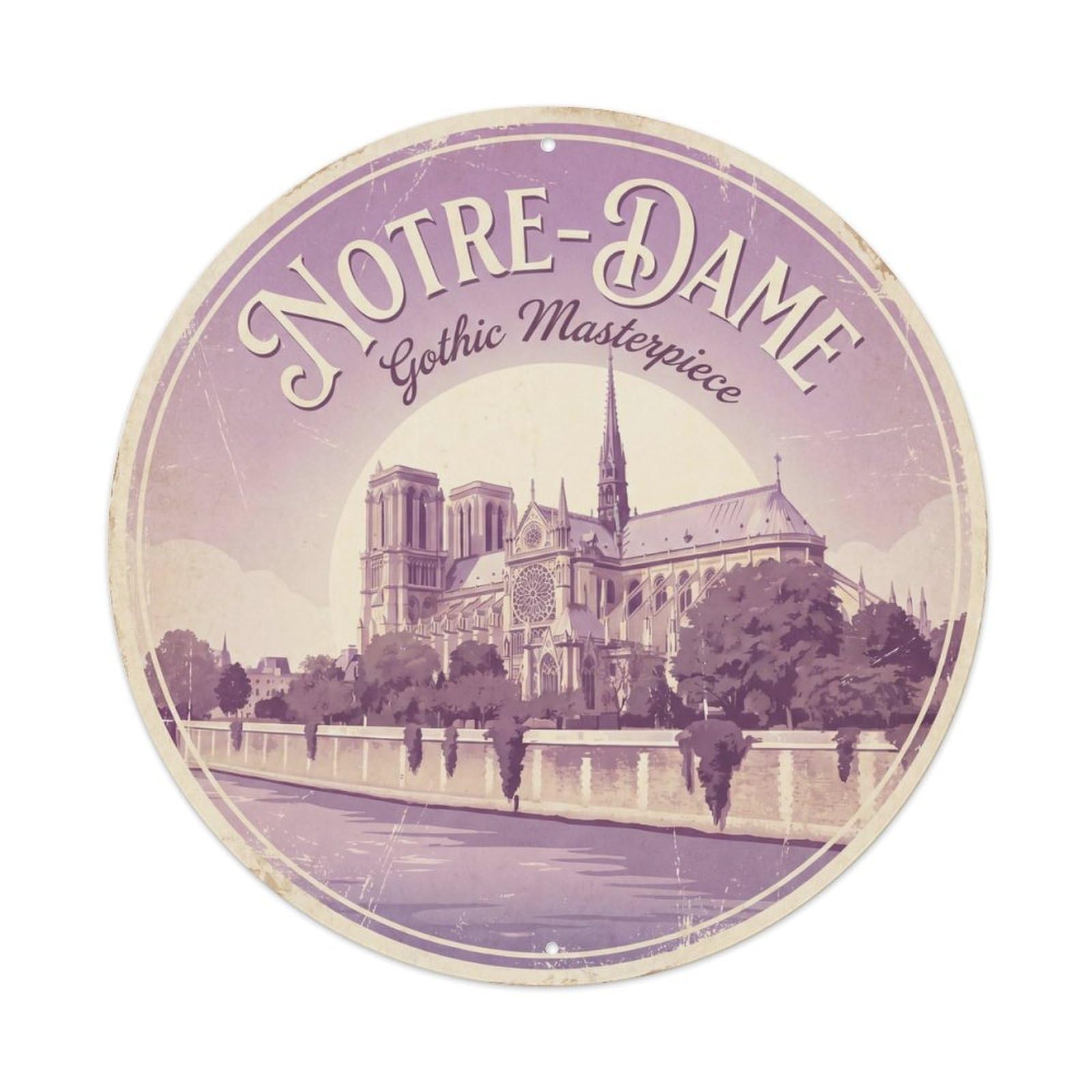 Vintage Travel Notre Dame Cathedral Parisian Metal Tin Sign Plaque Wall Decor for Cafe, Club, Garden Round Metal Poster 8x8Inch