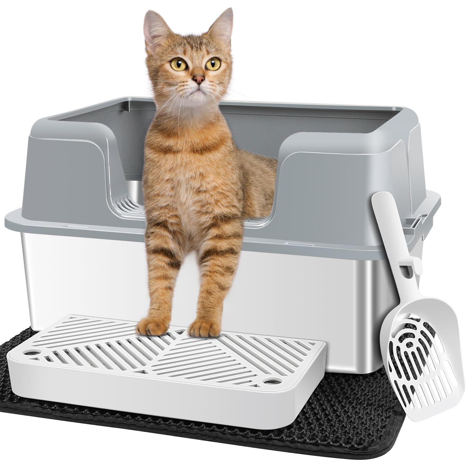 SZEE Stainless Steel Litter Box, Cat Litter Box Easy to Clean and NO Absorb Odor, Large Litter Box with High Sides, Trapping Box, Litter Mat & Litter Scoop