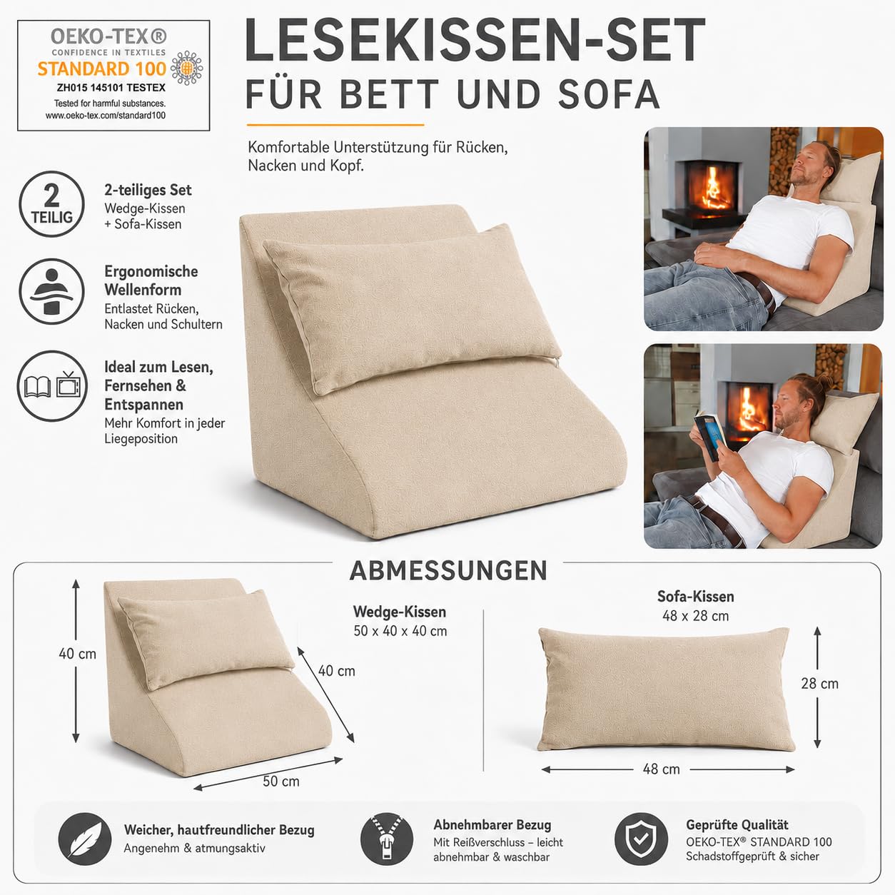 Cuscino per Letto e Divano - Cuscino a Cuneo dalla Forma Ergonomica più un Comodo Cuscino del Divano per Leggere, Guardare la TV e Rilassarsi (marrone chiaro)