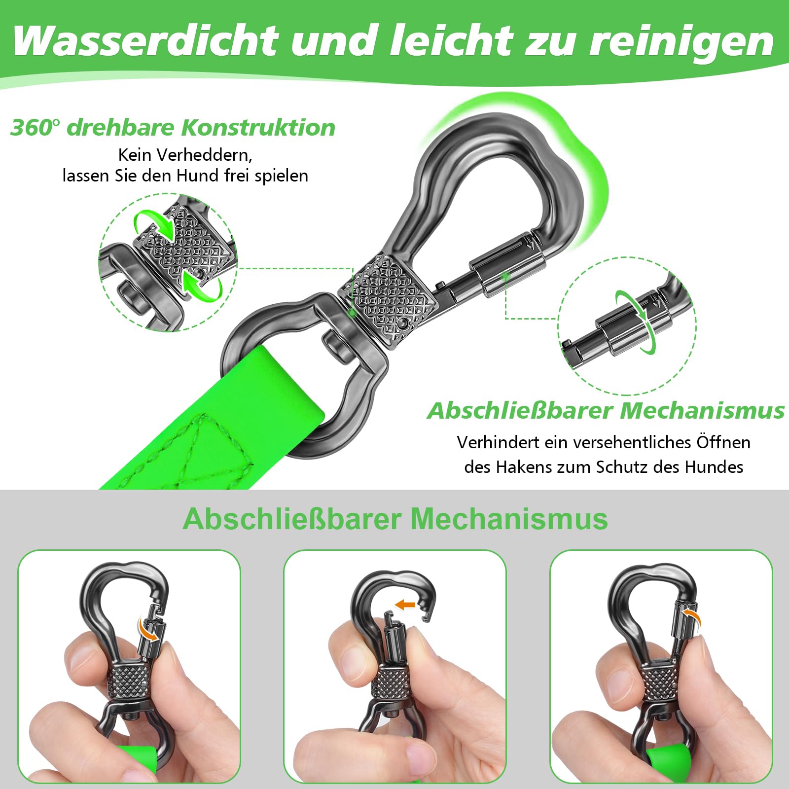 XXBEN Guinzaglio impermeabile, 10 m, gommato, moschettone, guinzaglio da corsa, taglia media, resistente, cinturino da polso