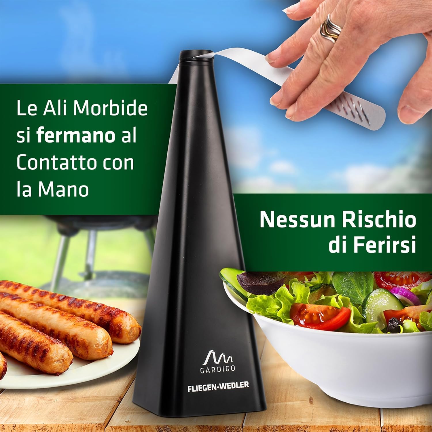 GARDIGO® Repellente Mosche Professionale con Base Ricarica USB | Scacciamosche Cibo per Casa, Giardino, Ristorante, Catering | Ventilatore da Tavolo Anti Mosche Esterno, Interno | Anti Moscerini