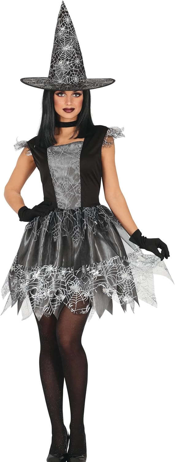 FIESTAS GUIRCA Disfraz de Bruja Telaraña Plateada - Vestido con Sombrero de Bruja - Disfraz Halloween Mujer