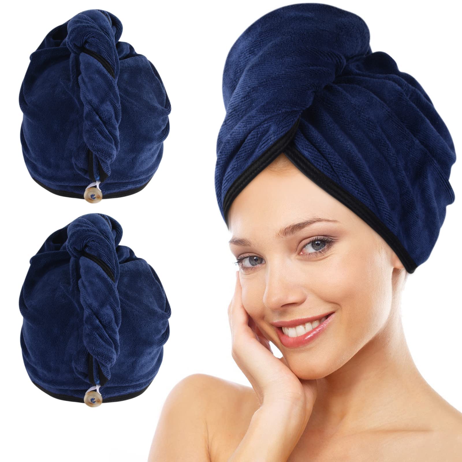 KinHwa Haarhandtuch Mikrofaser 2er Set 30x70 cm – Extra weicher Haarturban mit Knopf für Lange Haare – Verkürzt die Föhnzeit & reduziert Frizz – Saugstarkes Hair Towel für Damen-Dunkelblau