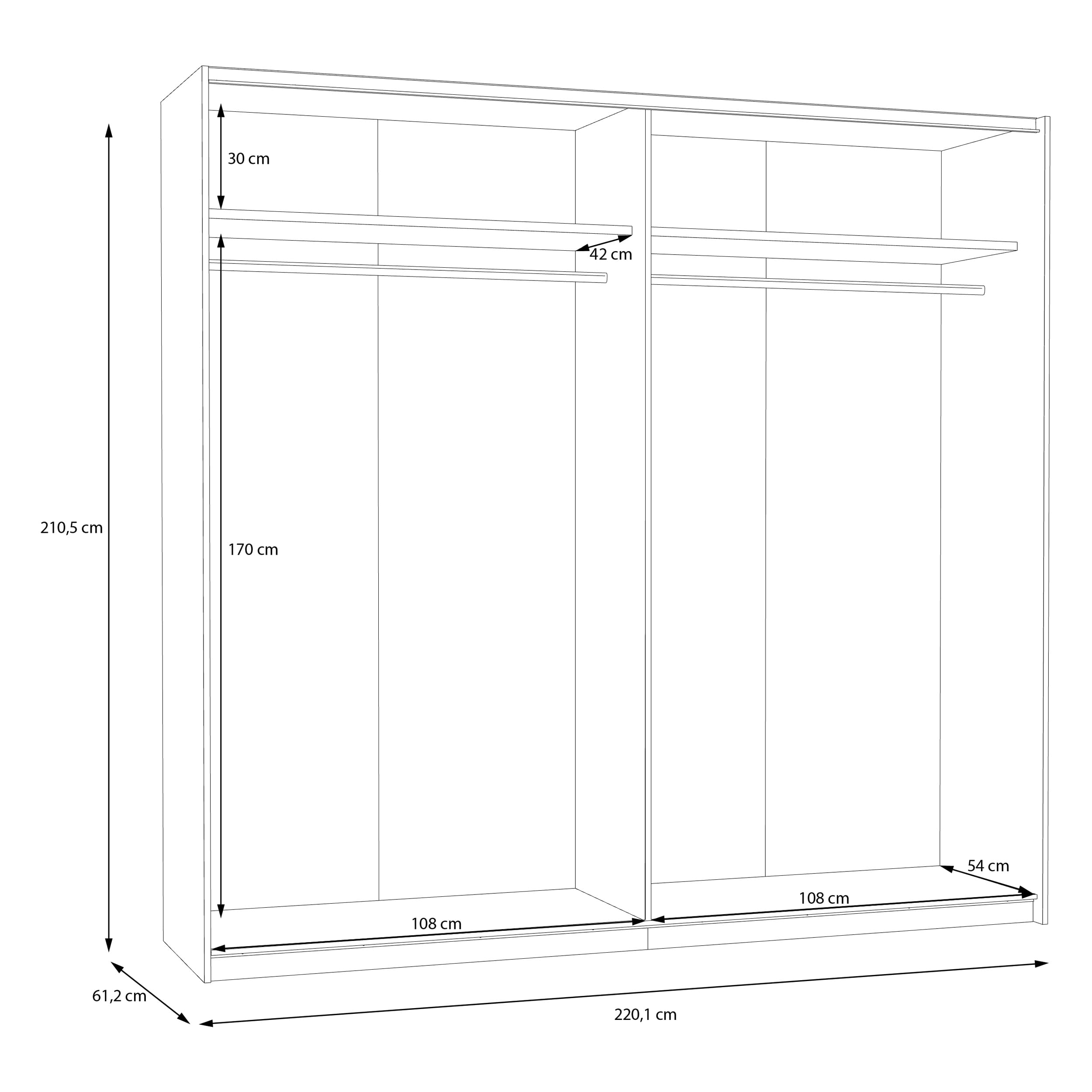 Forte Schach & MATT 2 weißer Kleiderschrank 220, moderner Schwebetürenschrank mit Einlegeböden und Kleiderstange, 2-türig, Holzwerkstoff, Weiß Matt, 220,1 cm breit x 210,5 cm hoch x 61,2 cm tief