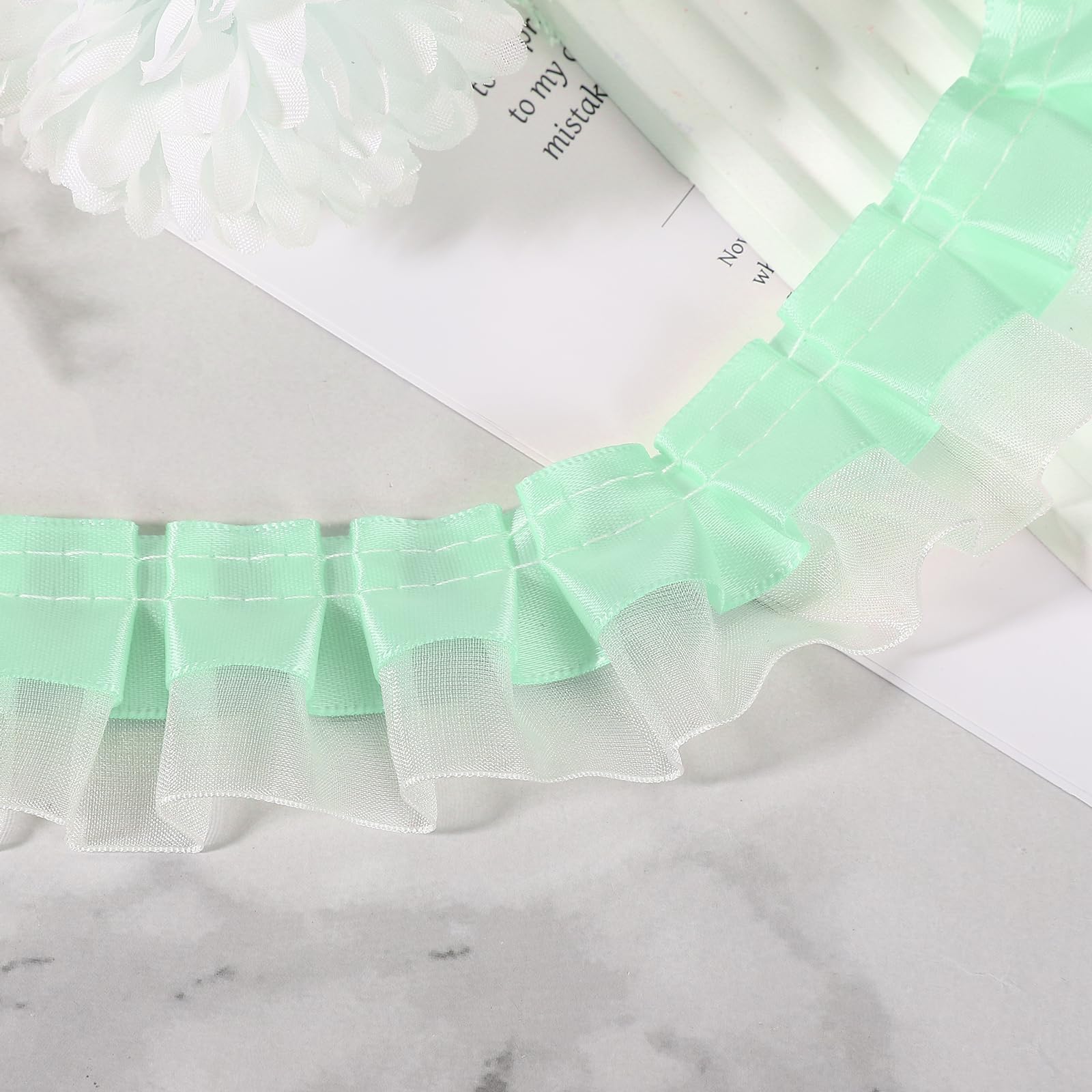 sourcing map 10 Yards 2-Layer Satin Ruffle Trim Lace Ribbon Sewing Lace Fabric Trim for DIY Craft Dress Clothing Wedding Gift Home Decoration, Deep Green